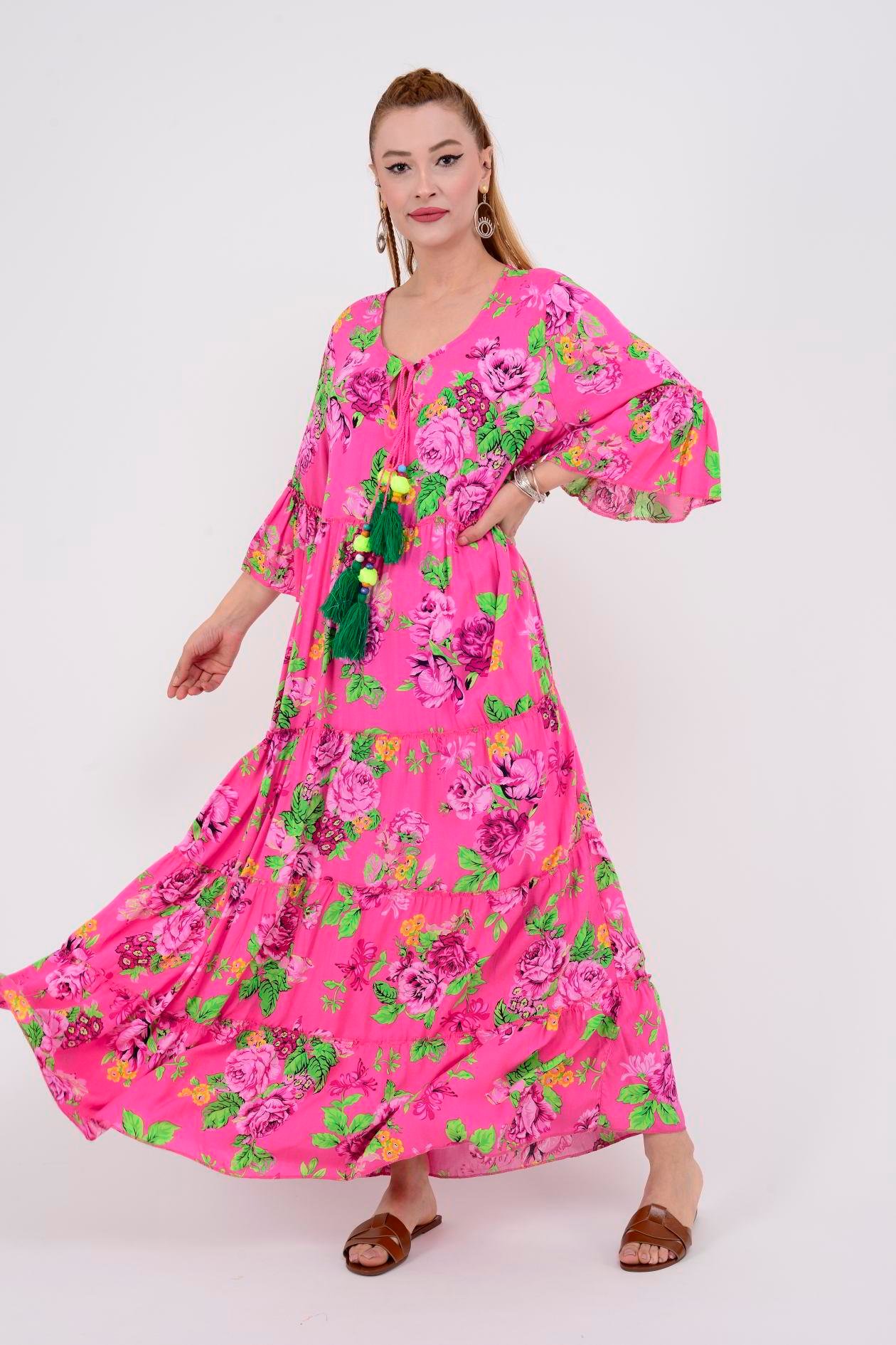 ADN135 GÜL DESEN BOHO ELBİSE