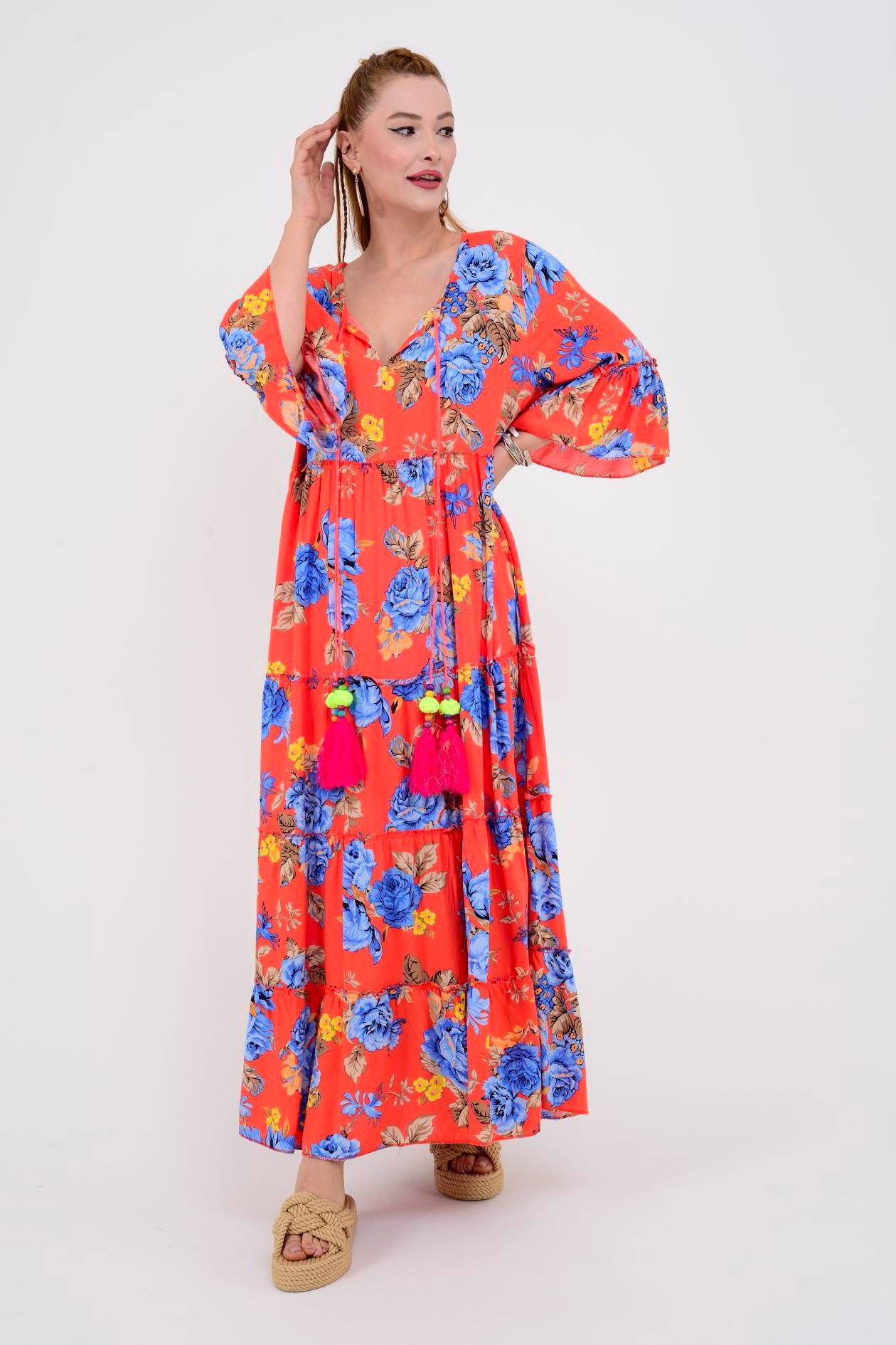 ADN135 GÜL DESEN BOHO ELBİSE