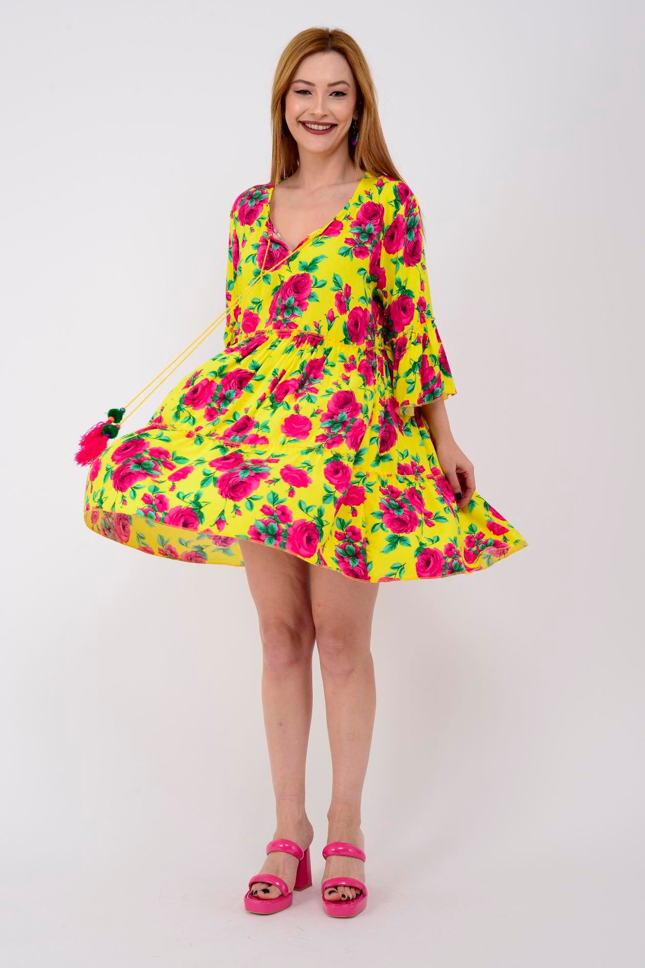 ADN140 DESENLİ BOHO KISA ELBİSE