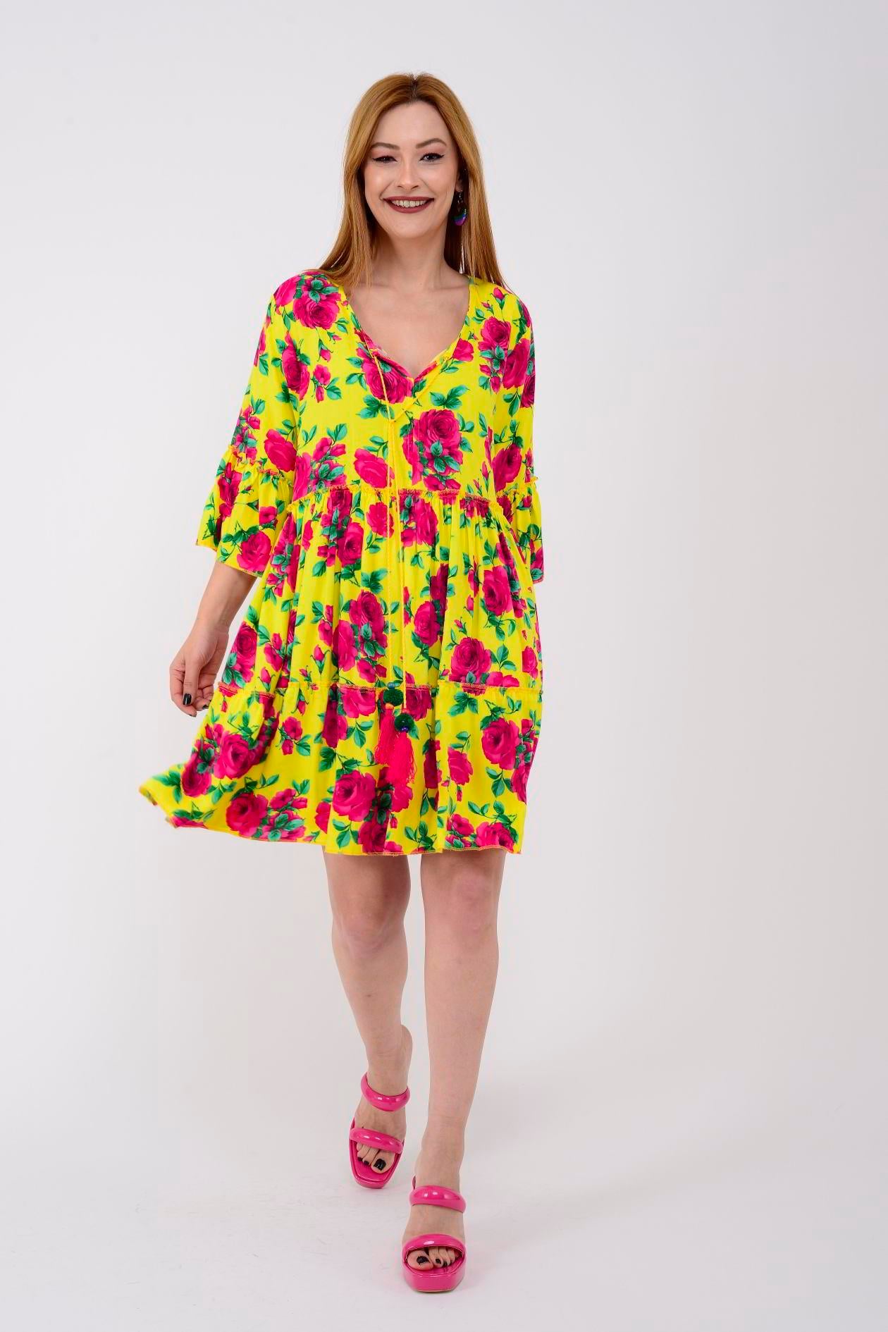 ADN140 DESENLİ BOHO KISA ELBİSE
