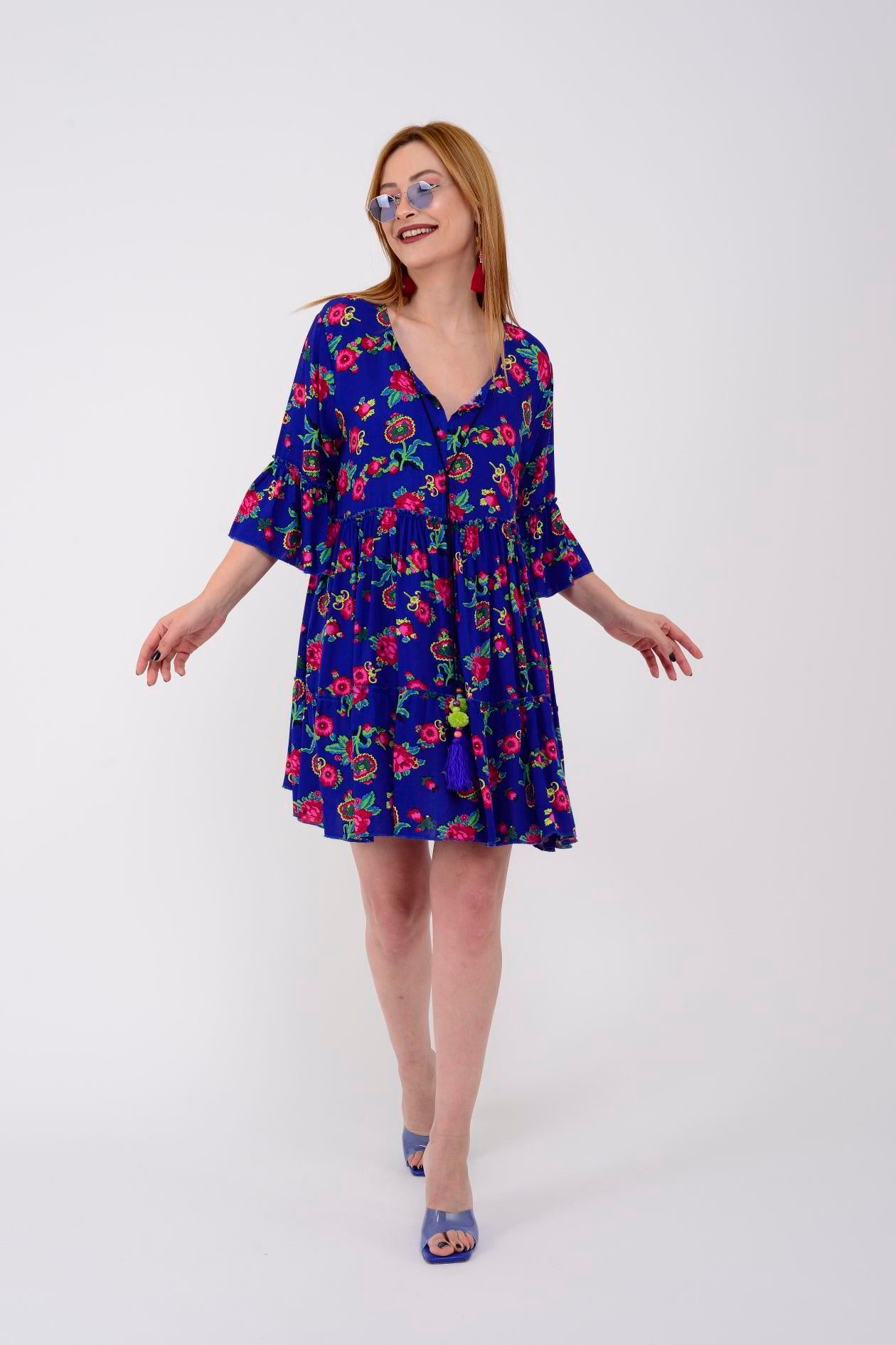ADN140 DESENLİ BOHO KISA ELBİSE
