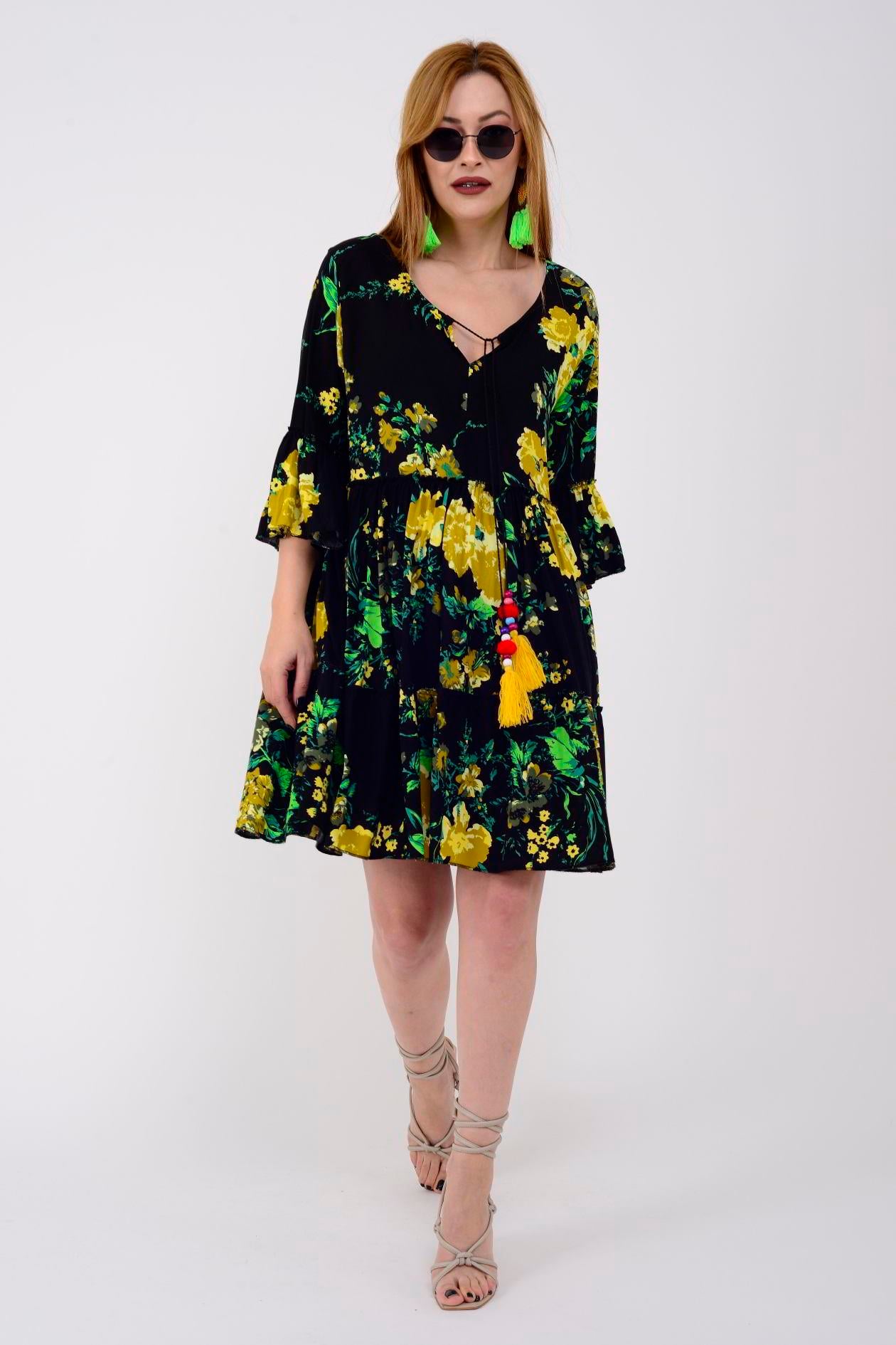 ADN140 GÜL DESEN BOHO KISA ELBİSE
