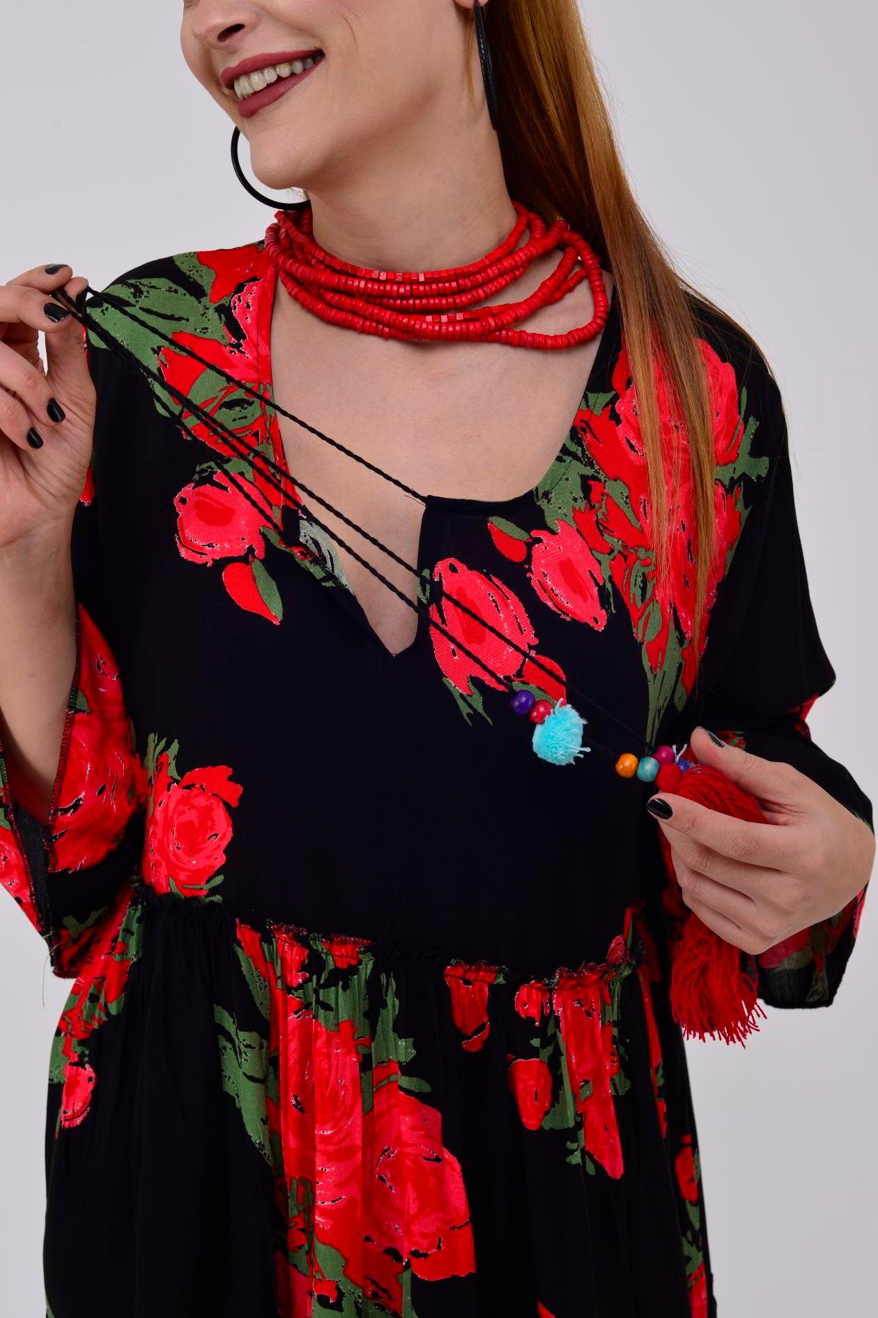 ADN140 GÜL DESEN BOHO KISA ELBİSE