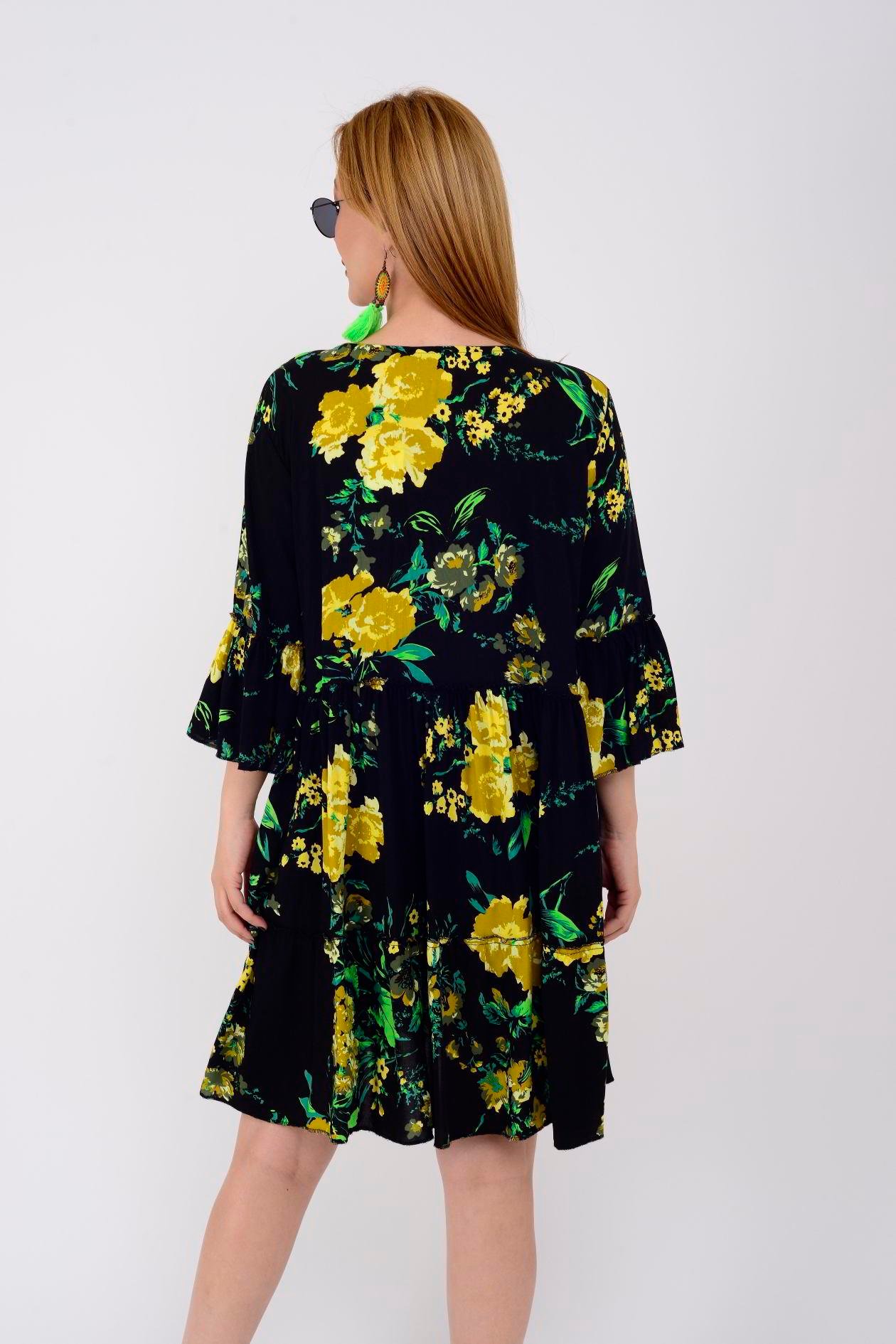ADN140 GÜL DESEN BOHO KISA ELBİSE