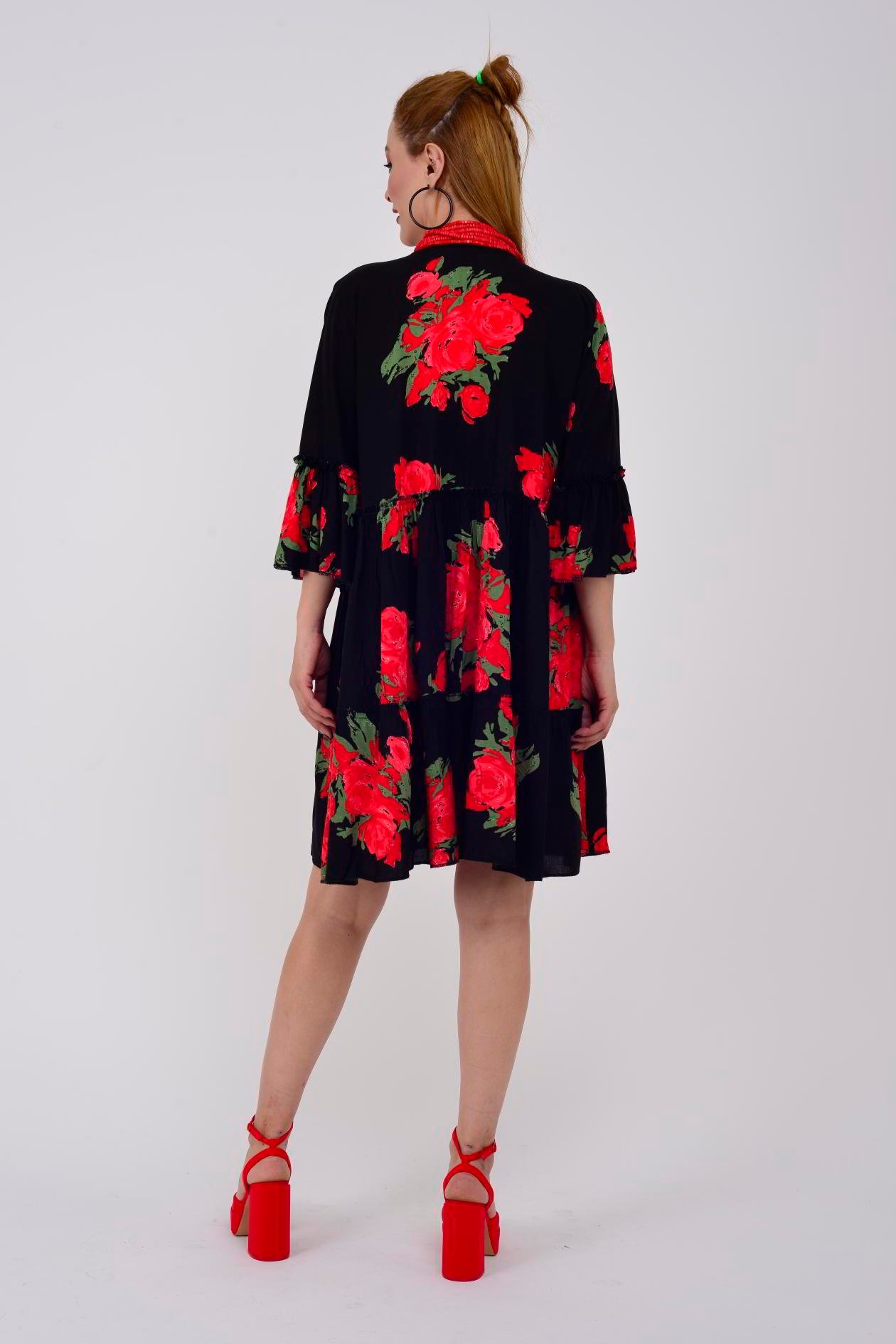 ADN140 GÜL DESEN BOHO KISA ELBİSE