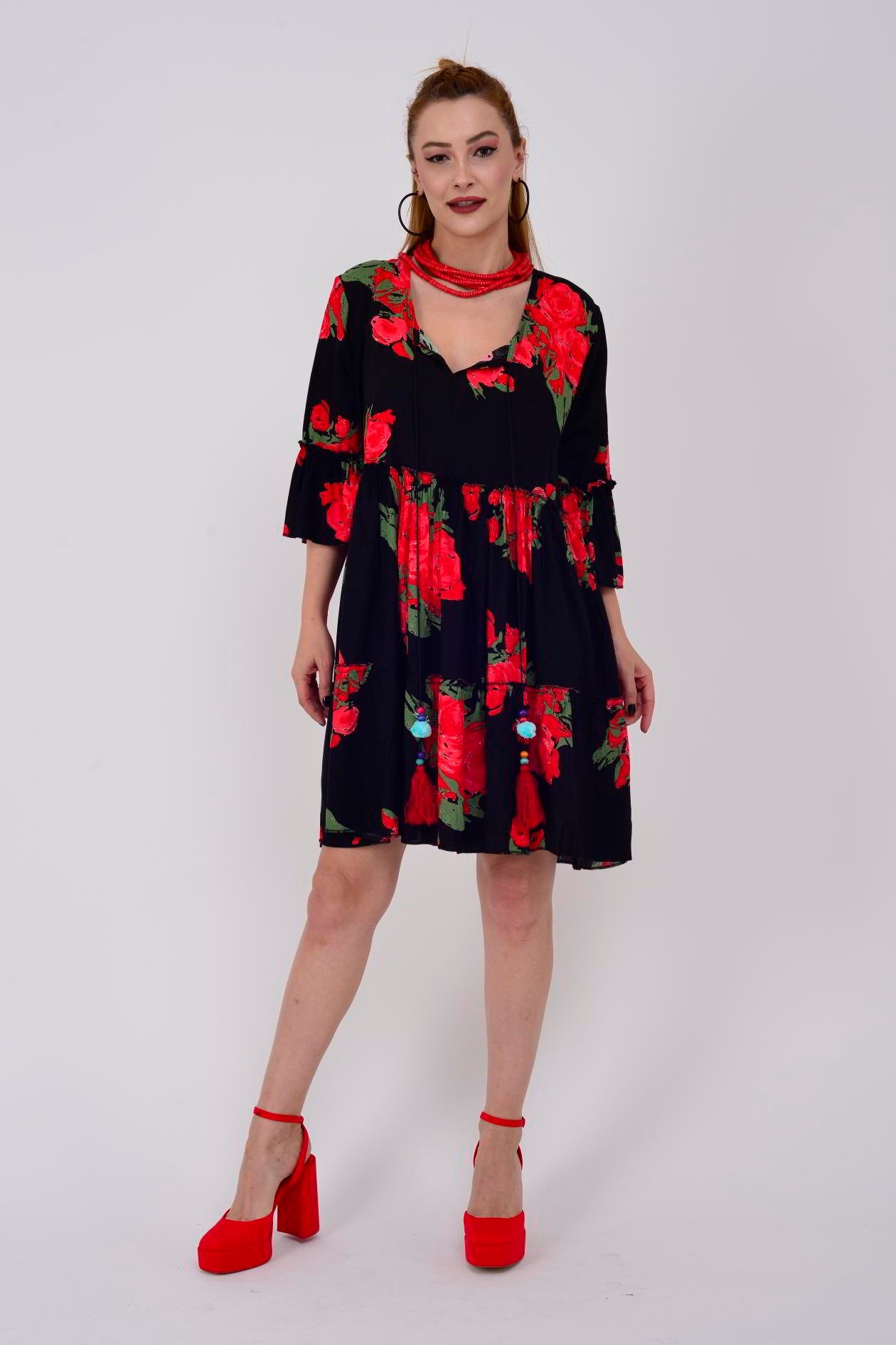 ADN140 GÜL DESEN BOHO KISA ELBİSE