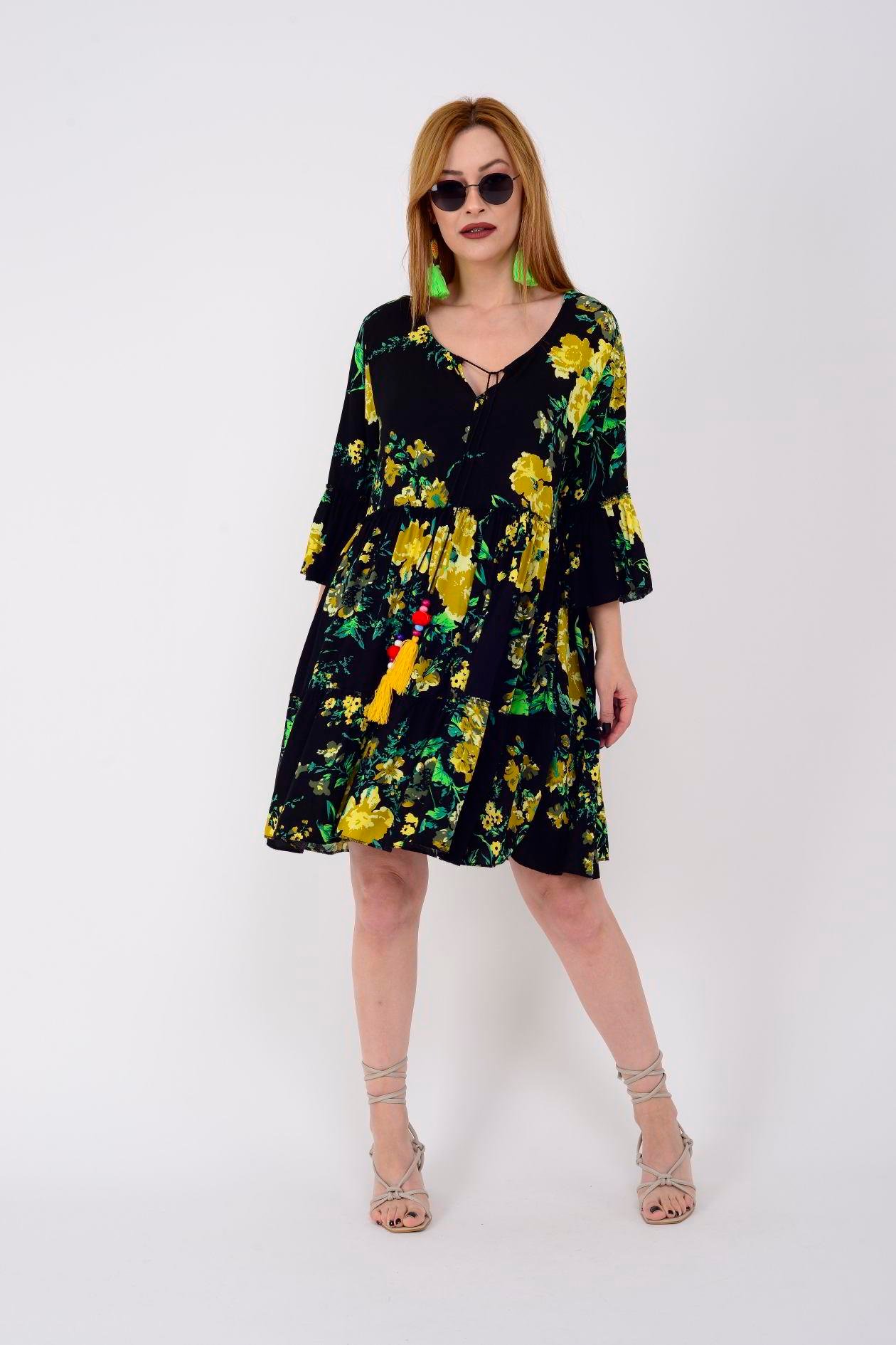 ADN140 GÜL DESEN BOHO KISA ELBİSE