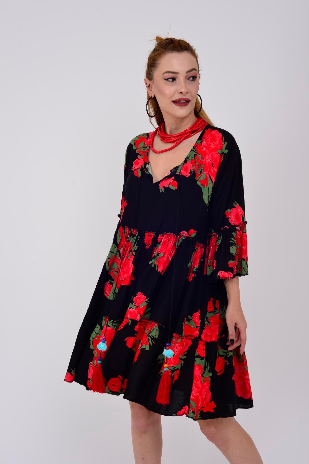 ADN140 GÜL DESEN BOHO KISA ELBİSE