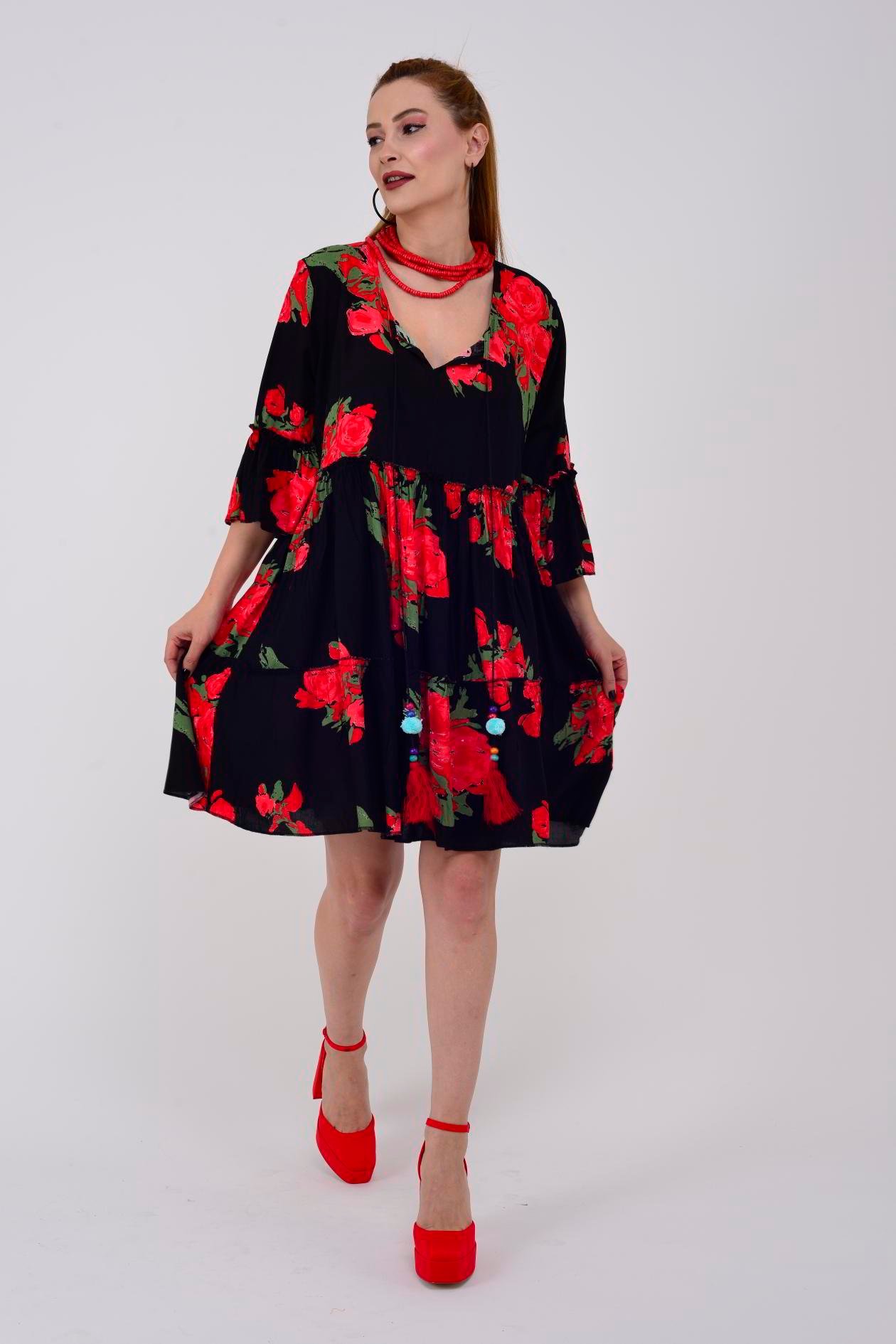 ADN140 GÜL DESEN BOHO KISA ELBİSE