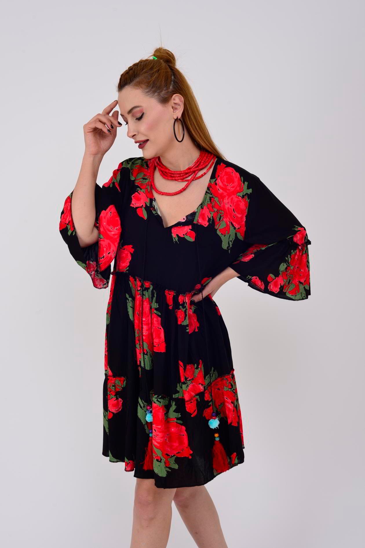 ADN140 GÜL DESEN BOHO KISA ELBİSE