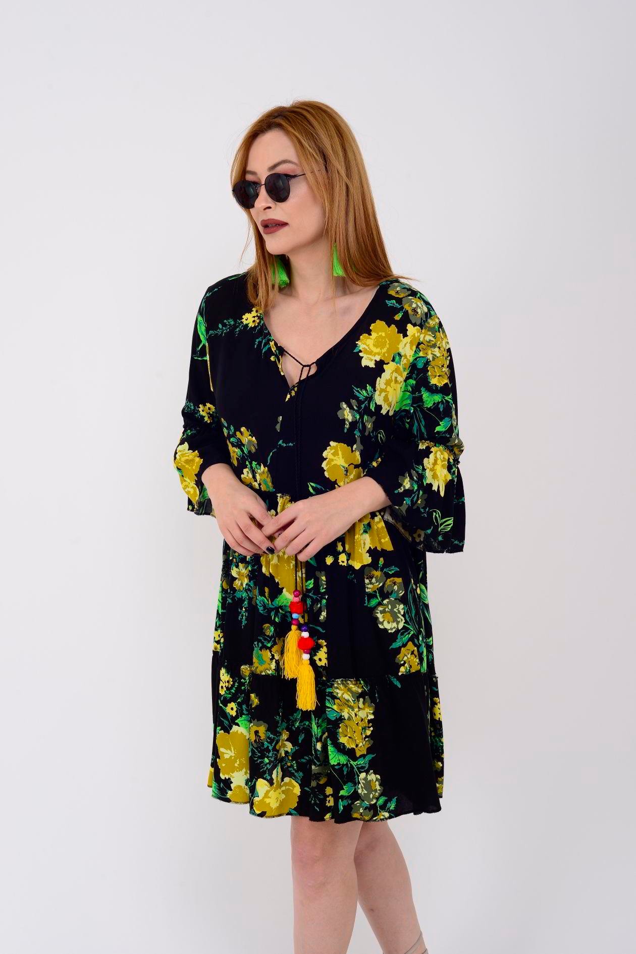 ADN140 GÜL DESEN BOHO KISA ELBİSE