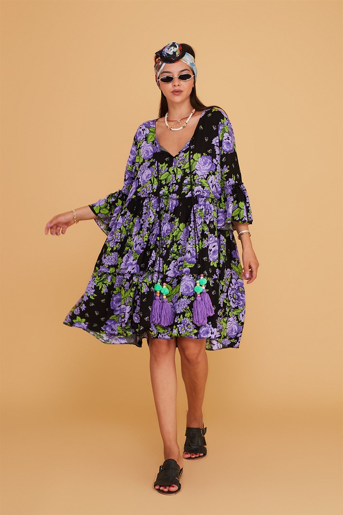 ADN140 KISA BOHO PÜSKÜLLÜ ELBİSE