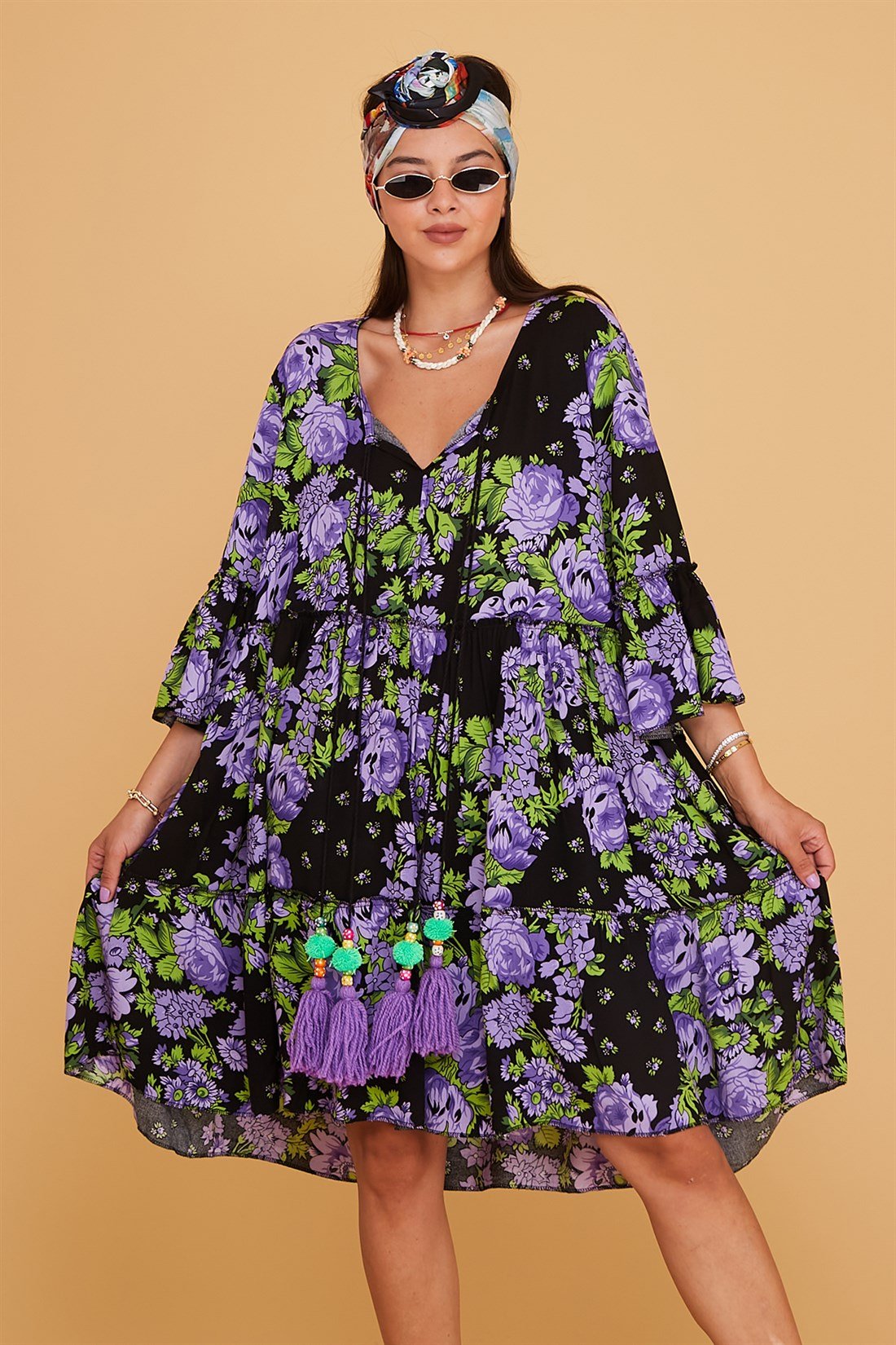 ADN140 KISA BOHO PÜSKÜLLÜ ELBİSE