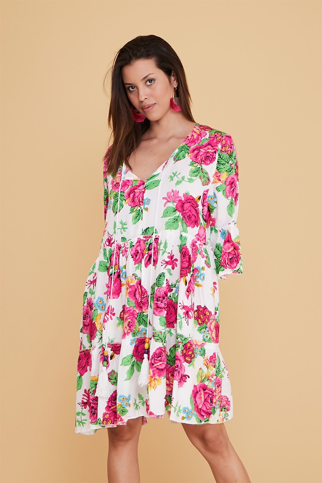 ADN140 KISA BOHO PÜSKÜLLÜ ELBİSE