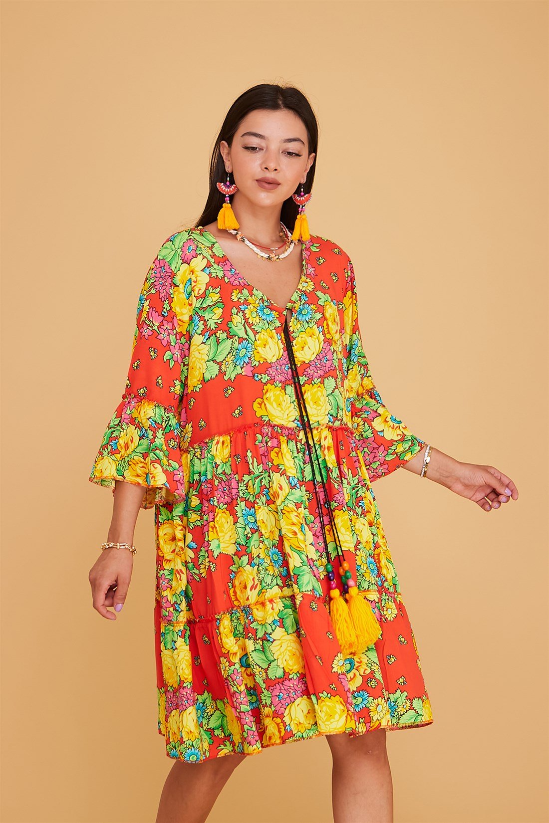 ADN140 KISA BOHO PÜSKÜLLÜ ELBİSE