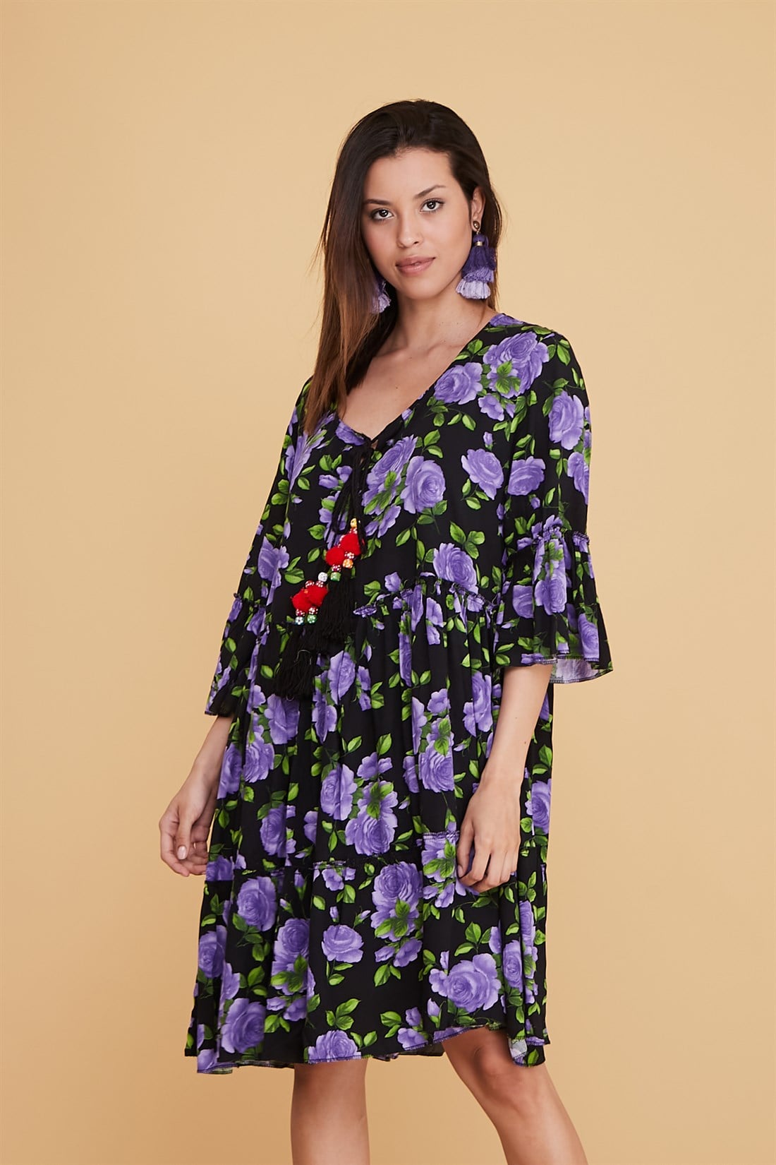 ADN140 KISA BOHO PÜSKÜLLÜ ELBİSE