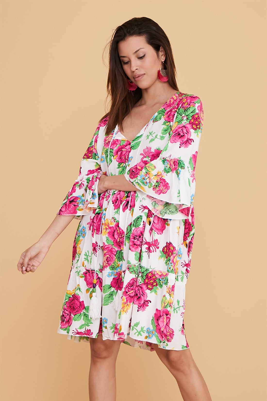 ADN140 KISA BOHO PÜSKÜLLÜ ELBİSE