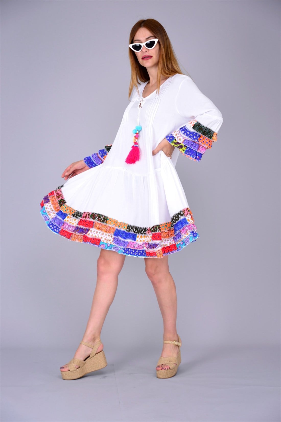 AN10205 FARBALA KISA BOHO ELBİSE