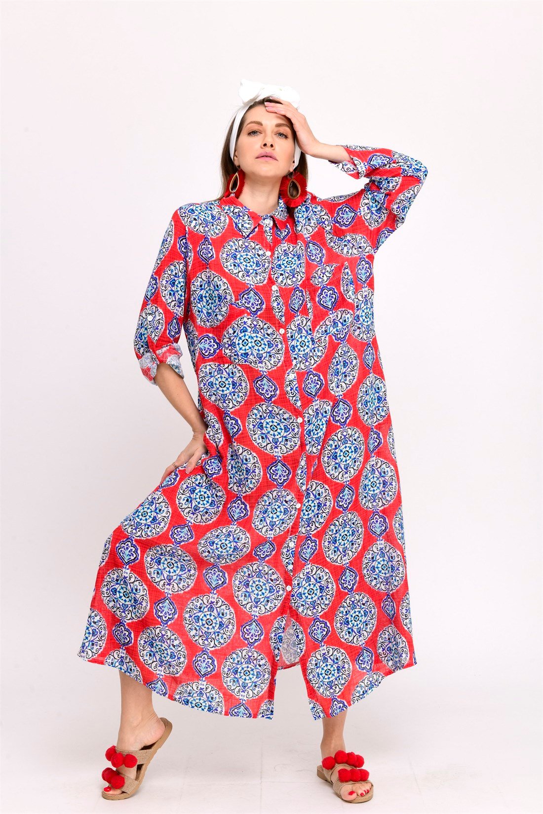 AN10206 ÇİNİ DESENLİ BOHO GÖMLEK ELBİSE