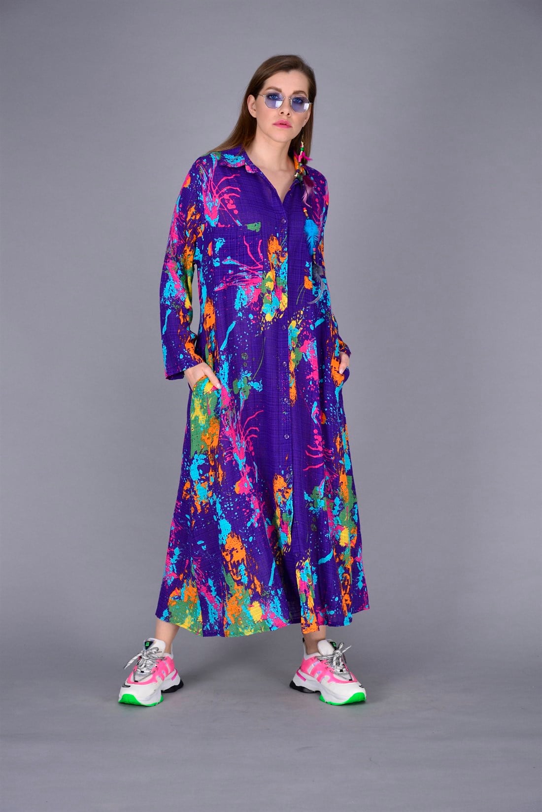 AN10206 SPLASH DESENLİ BOHO GÖMLEK ELBİSE