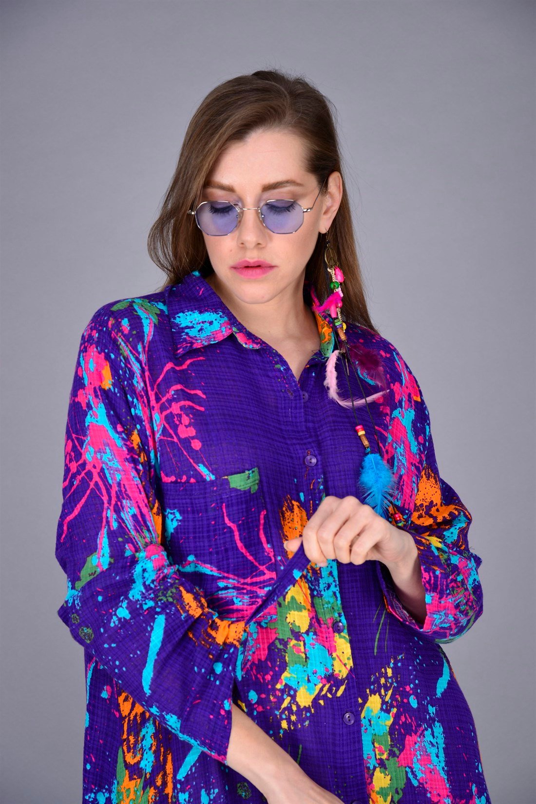 AN10206 SPLASH DESENLİ BOHO GÖMLEK ELBİSE