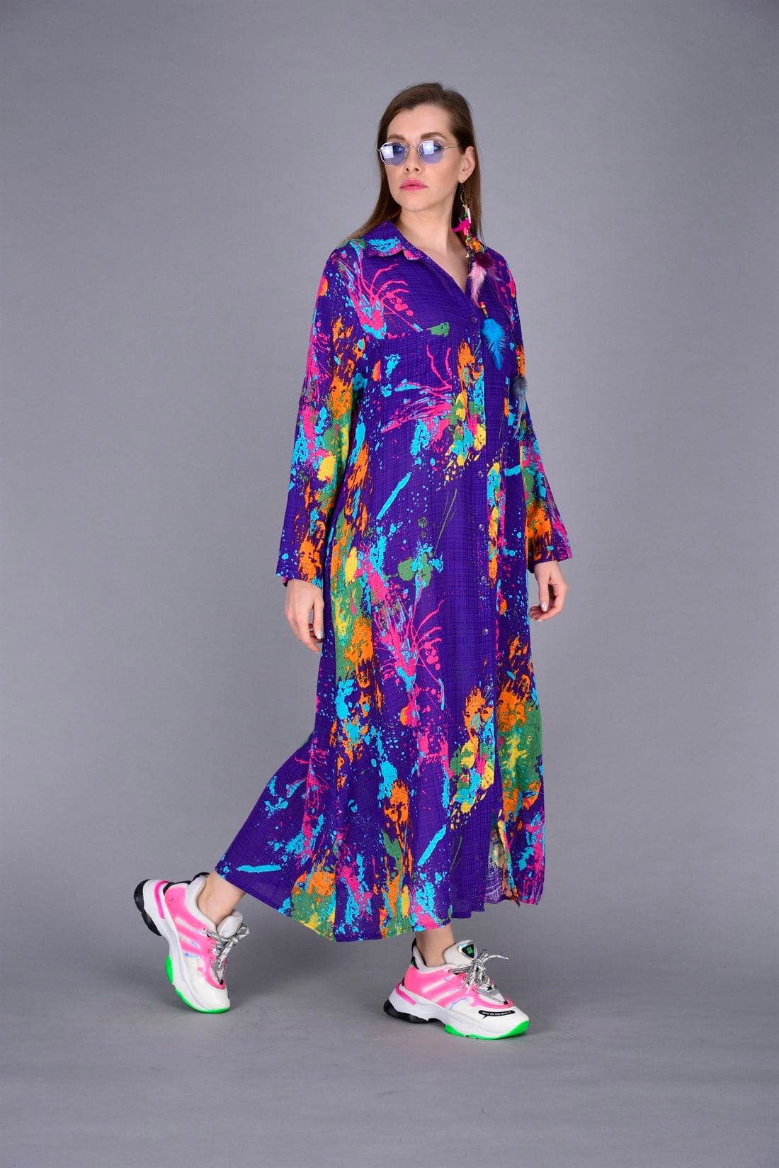 AN10206 SPLASH DESENLİ BOHO GÖMLEK ELBİSE