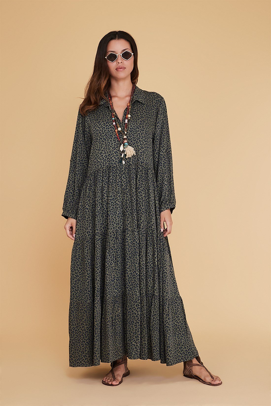 AN10262 LEOPAR DESENLİ GÖMLEK YAKA ELBİSE