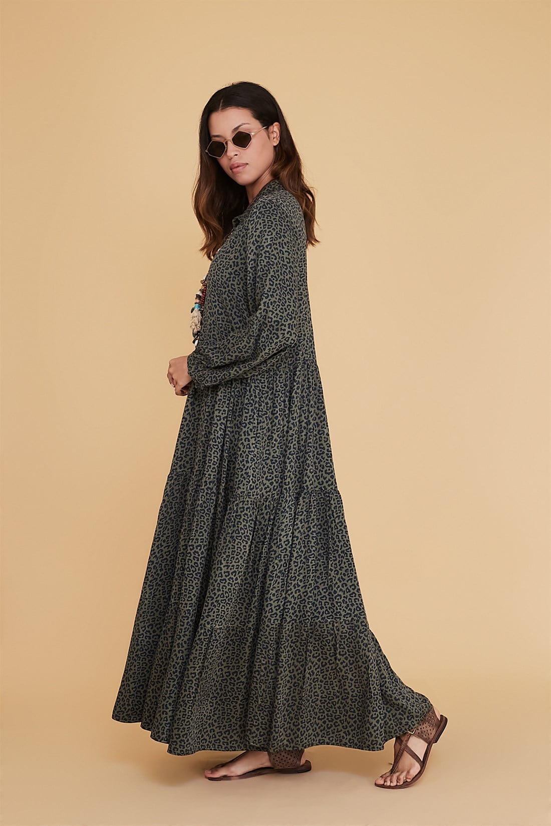 AN10262 LEOPAR DESENLİ GÖMLEK YAKA ELBİSE