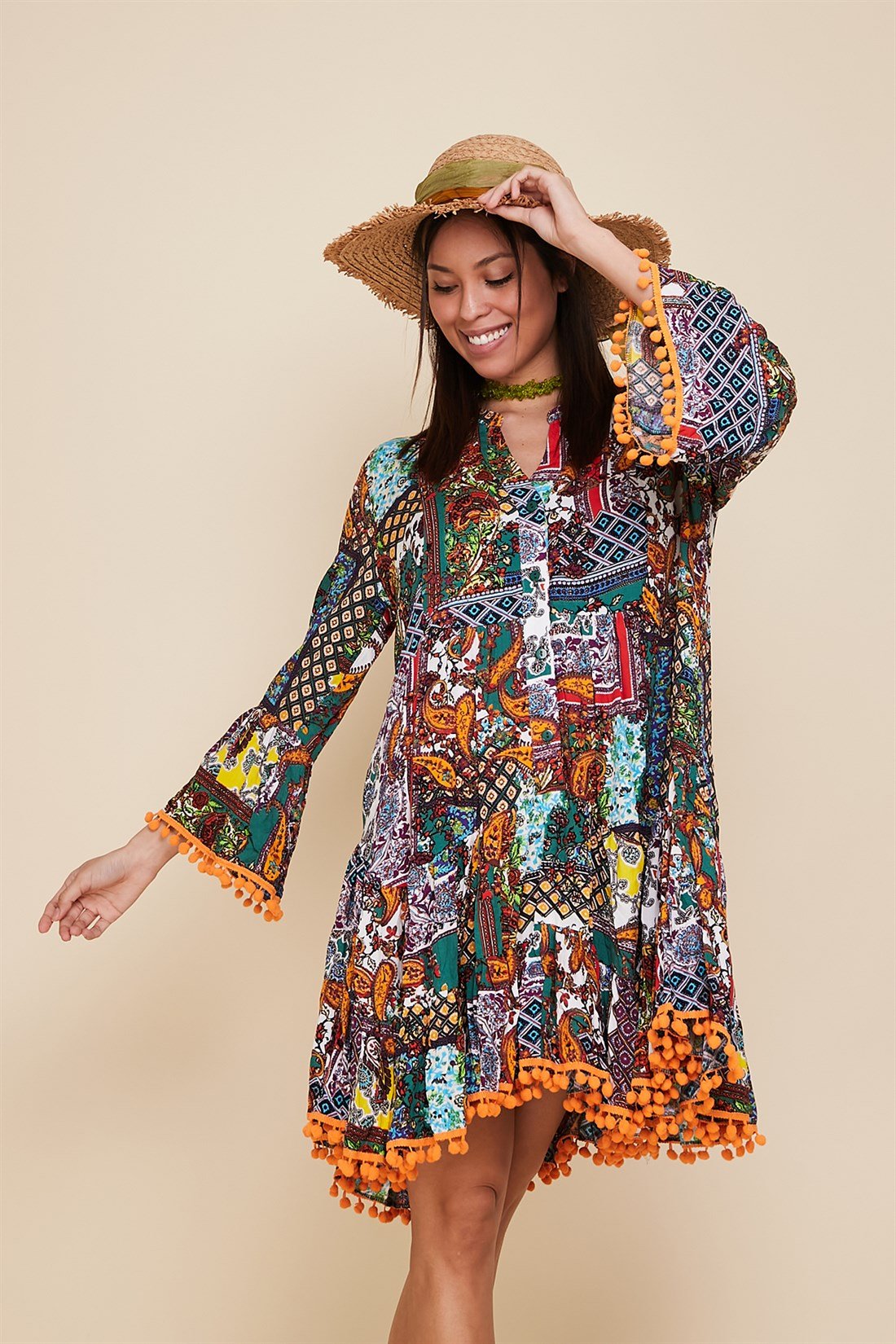 AN103 ŞAL DESEN PONPONLU BOHO ELBİSE