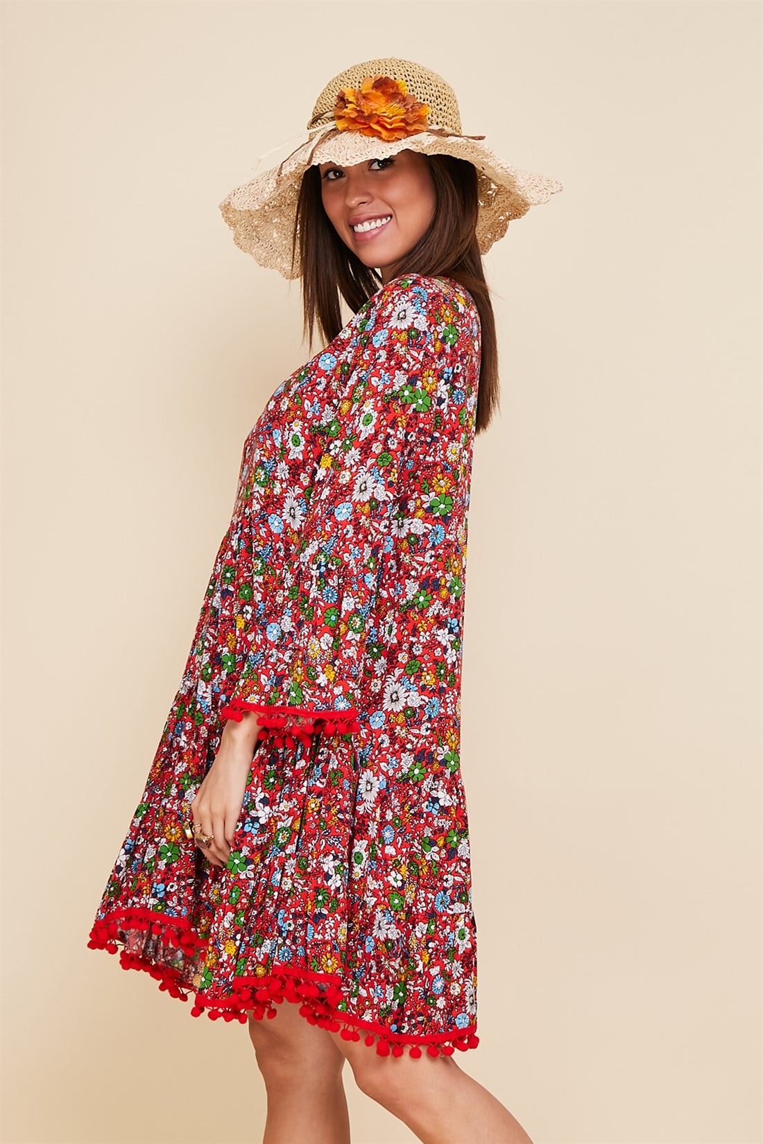 AN103 ŞAL DESEN PONPONLU BOHO ELBİSE