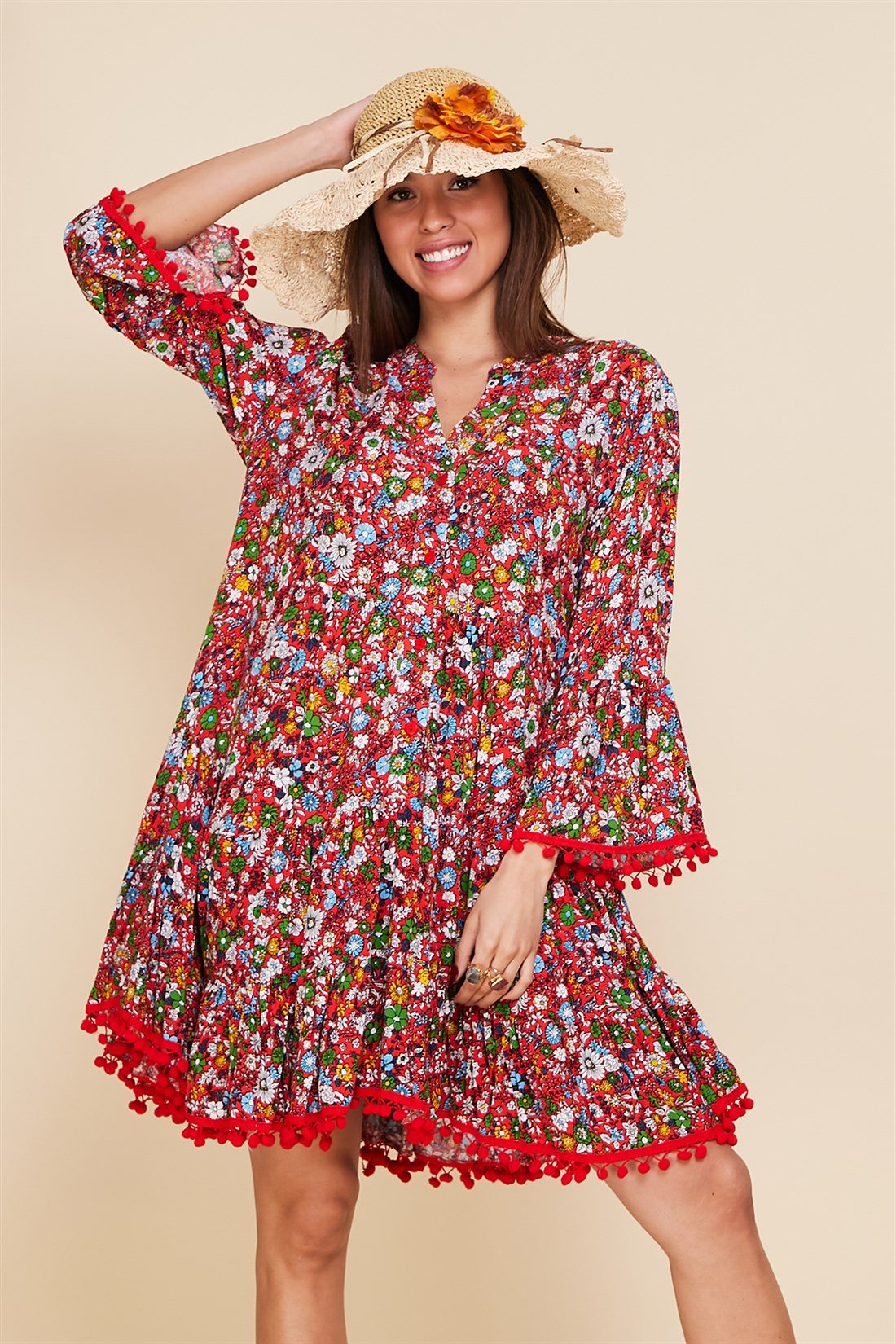 AN103 ŞAL DESEN PONPONLU BOHO ELBİSE