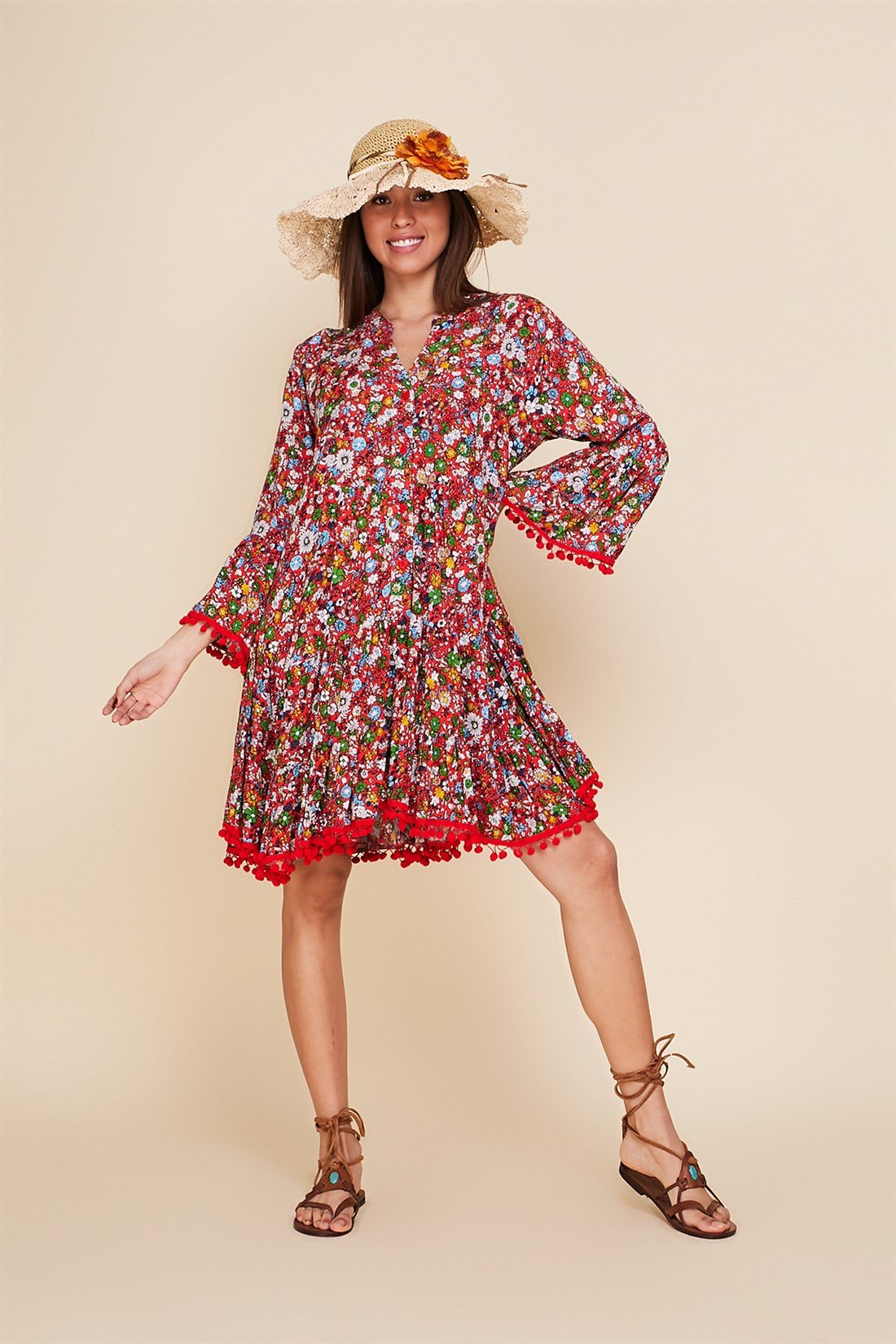 AN103 ŞAL DESEN PONPONLU BOHO ELBİSE