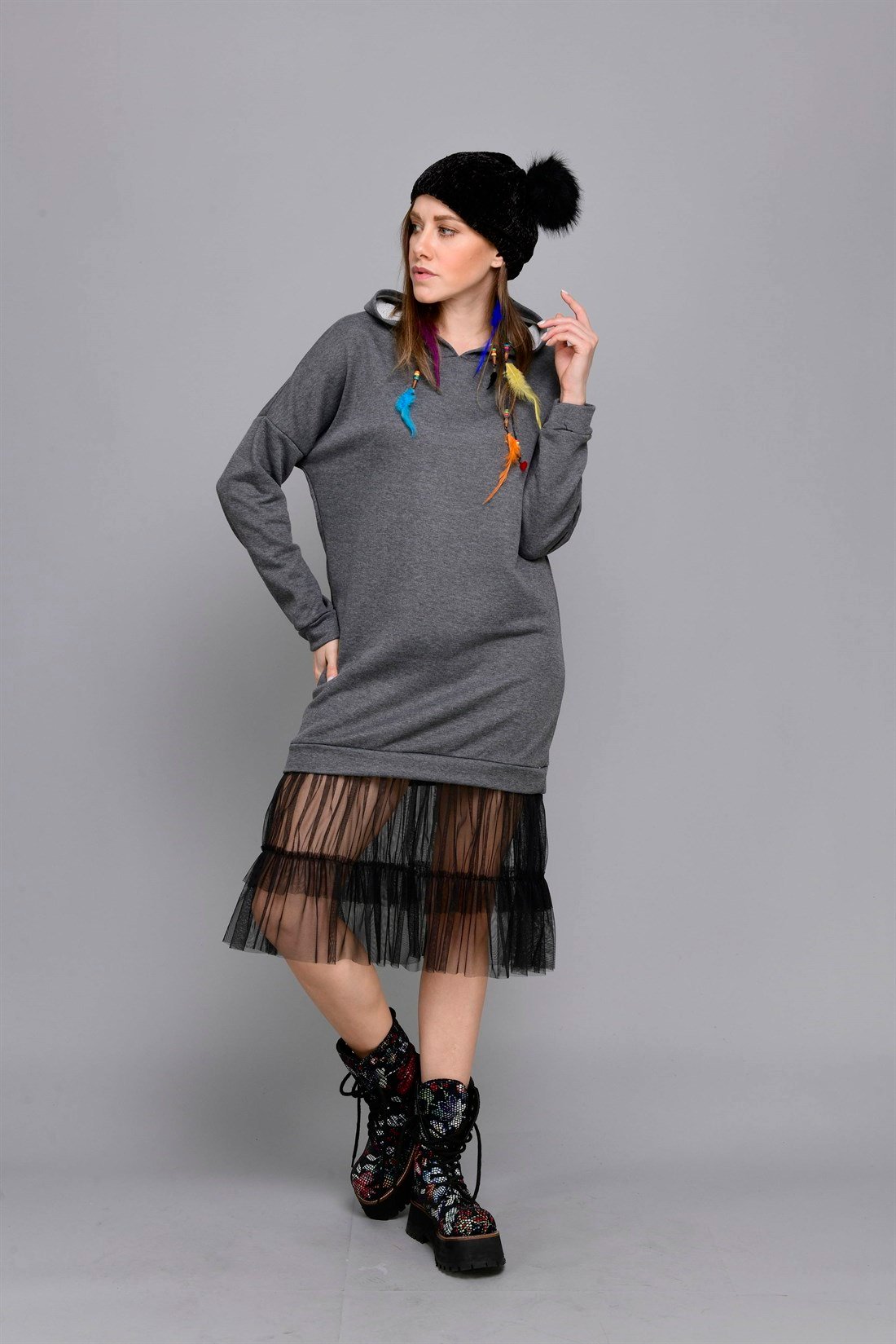 AN10310 ETEĞİ TÜL DETAYLI SWEAT ELBİSE