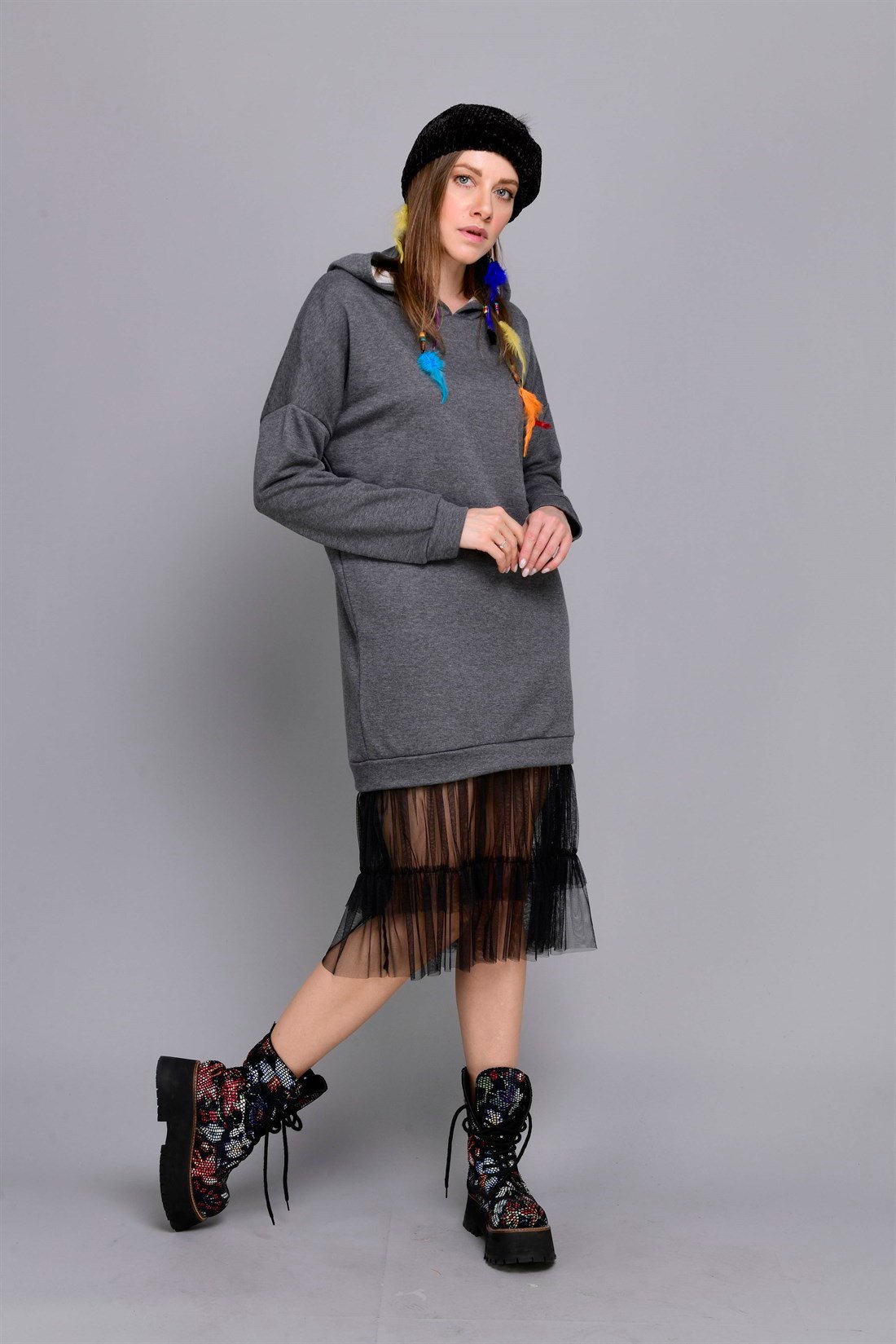 AN10310 ETEĞİ TÜL DETAYLI SWEAT ELBİSE