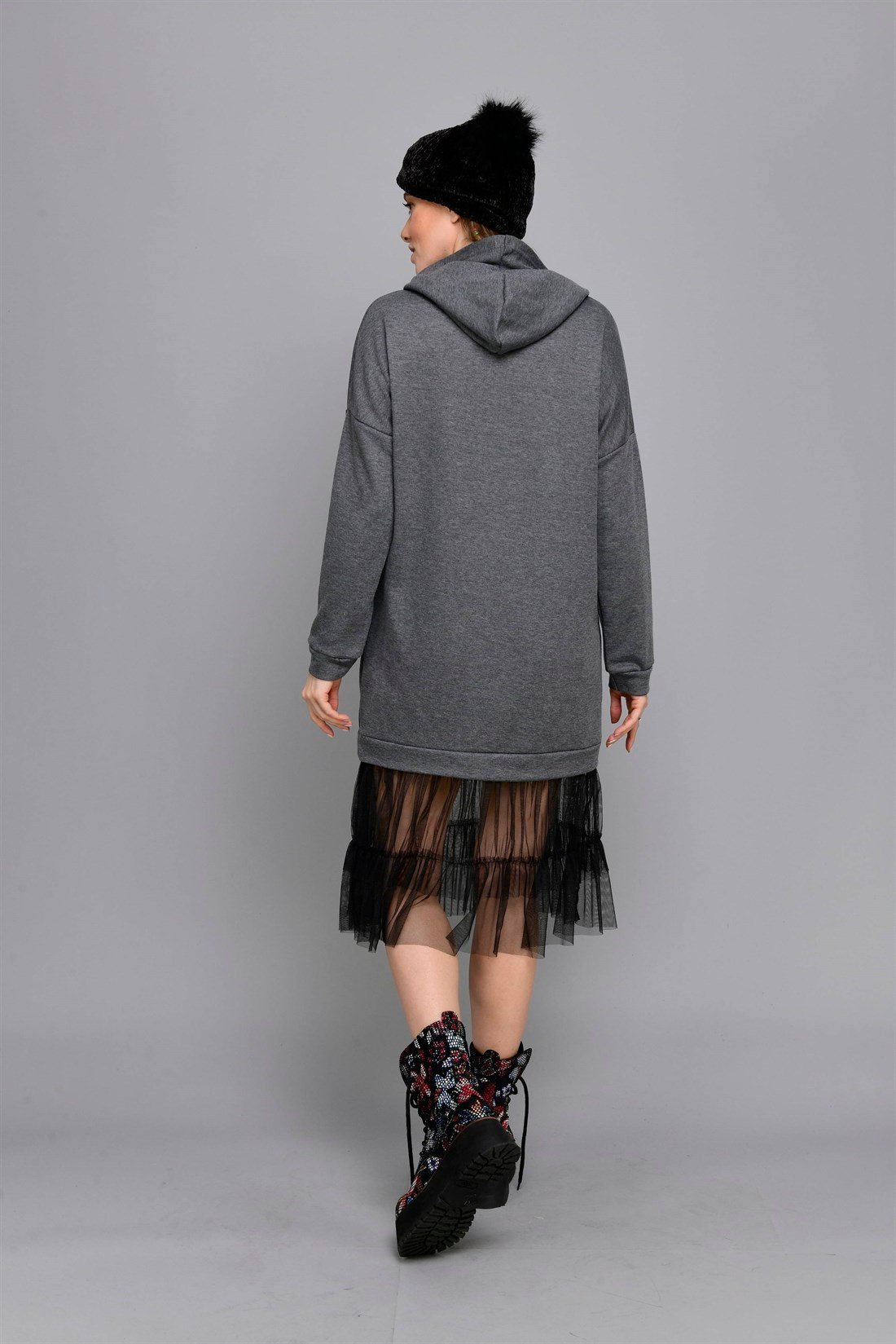 AN10310 ETEĞİ TÜL DETAYLI SWEAT ELBİSE