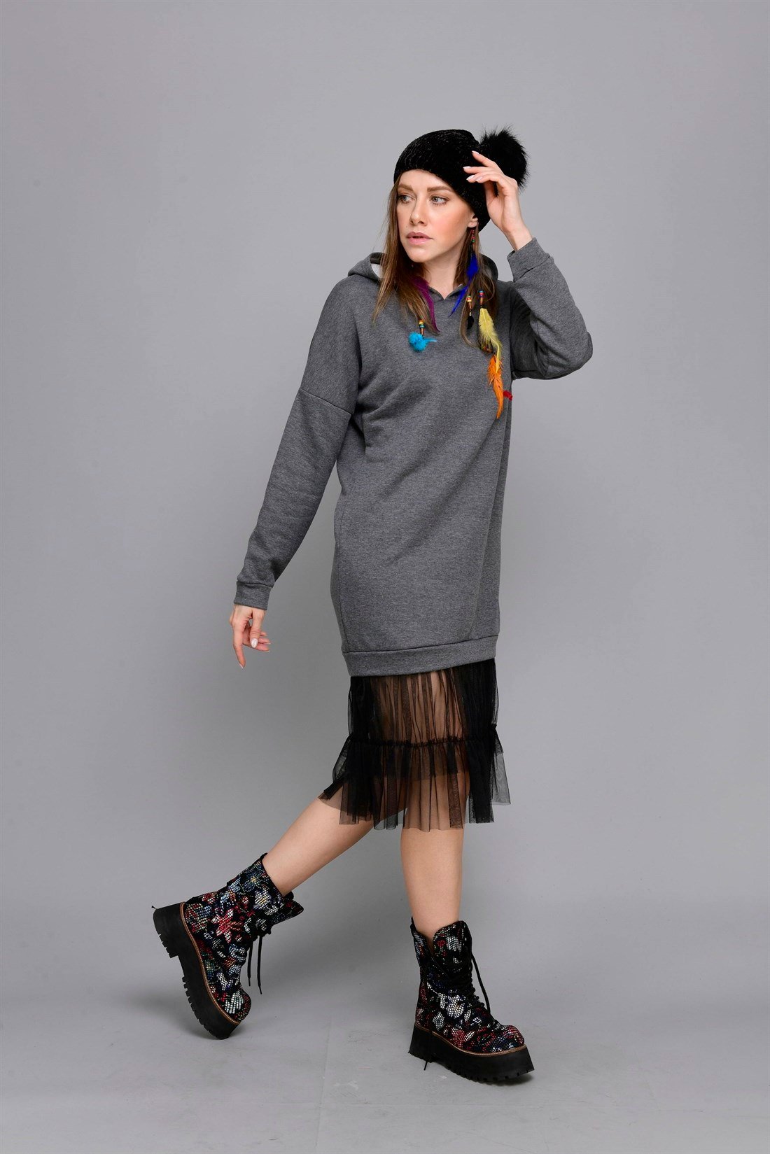 AN10310 ETEĞİ TÜL DETAYLI SWEAT ELBİSE
