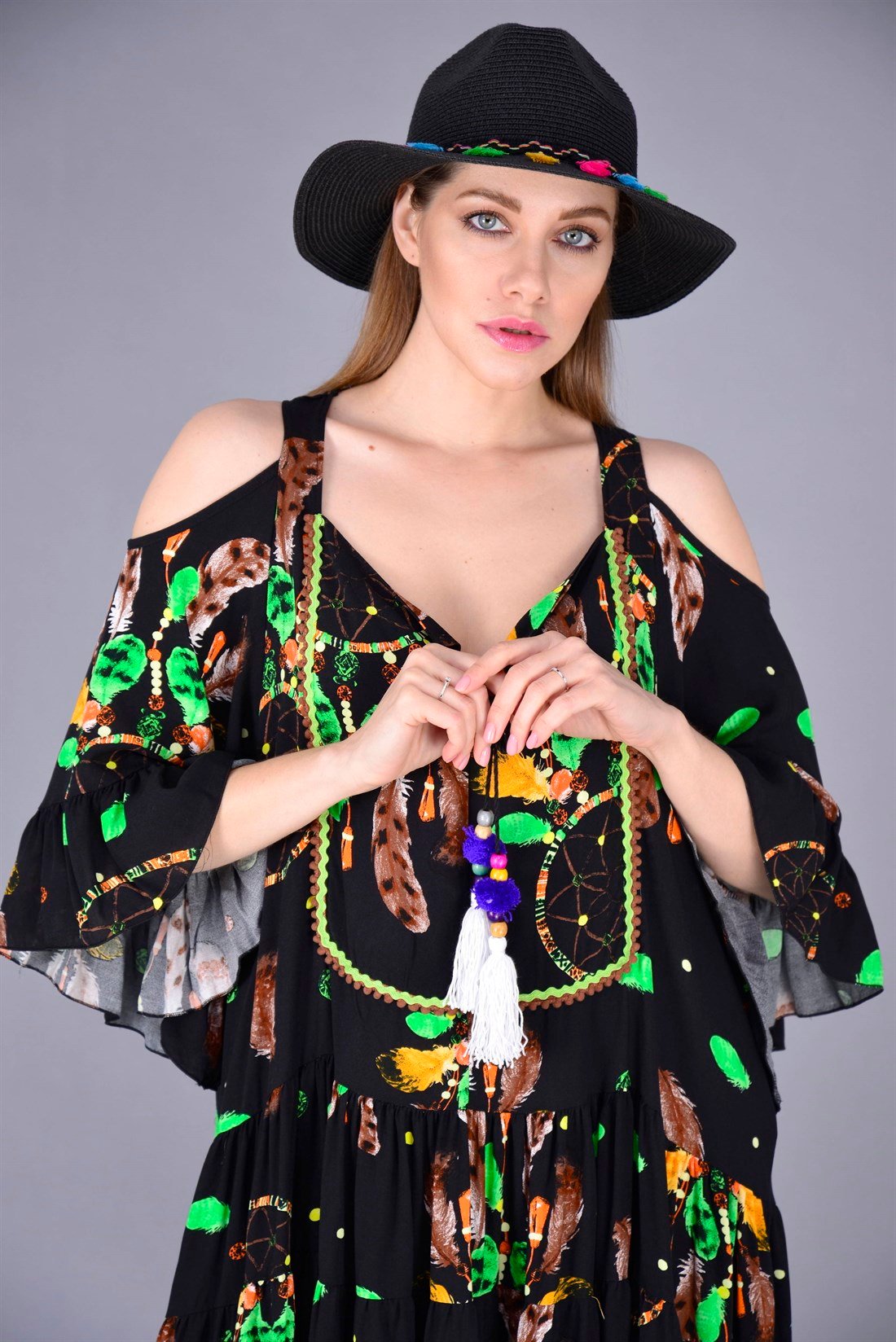 AN10355 DREAMCATCHER OMUZ DEKOLTELİ PÜSKÜLLÜ KISA ELBİSE