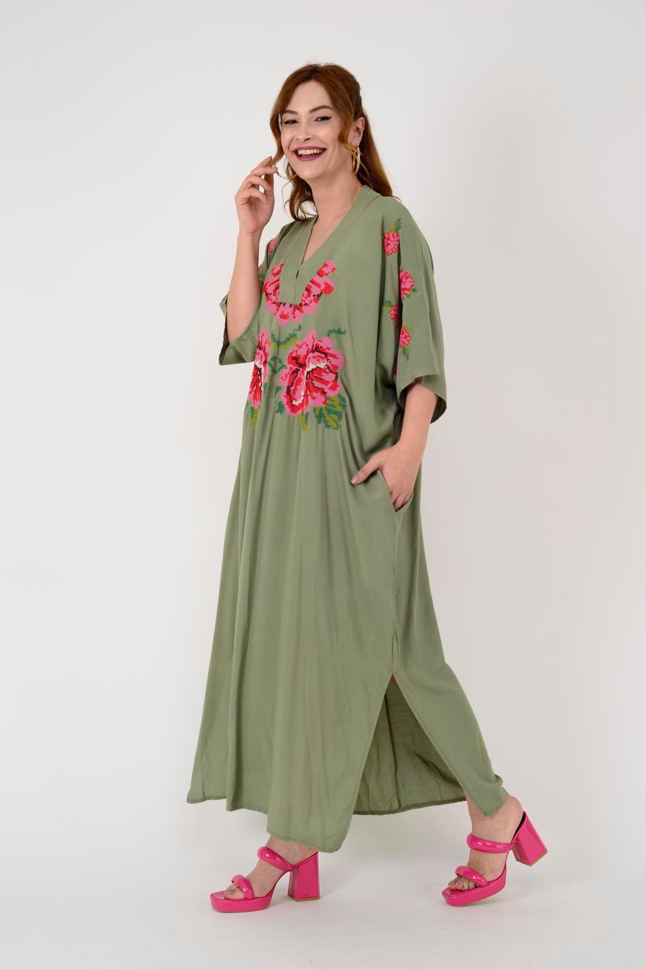 AN10391 GÜL DESEN V YAKA ELBİSE