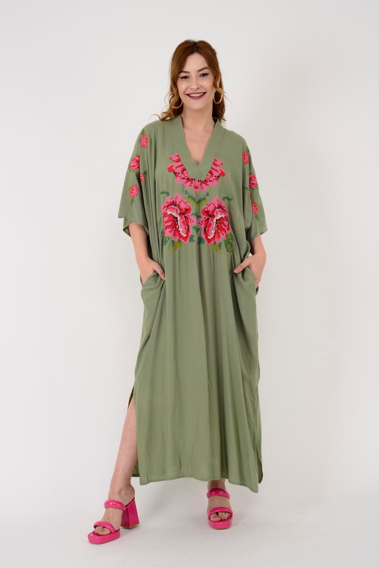 AN10391 GÜL DESEN V YAKA ELBİSE