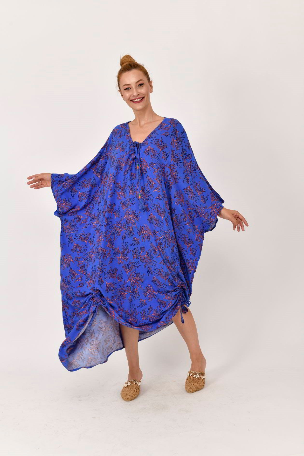 AN10436 VEIN ETEĞİ BÜZGÜLÜ MERCAN ELBİSE