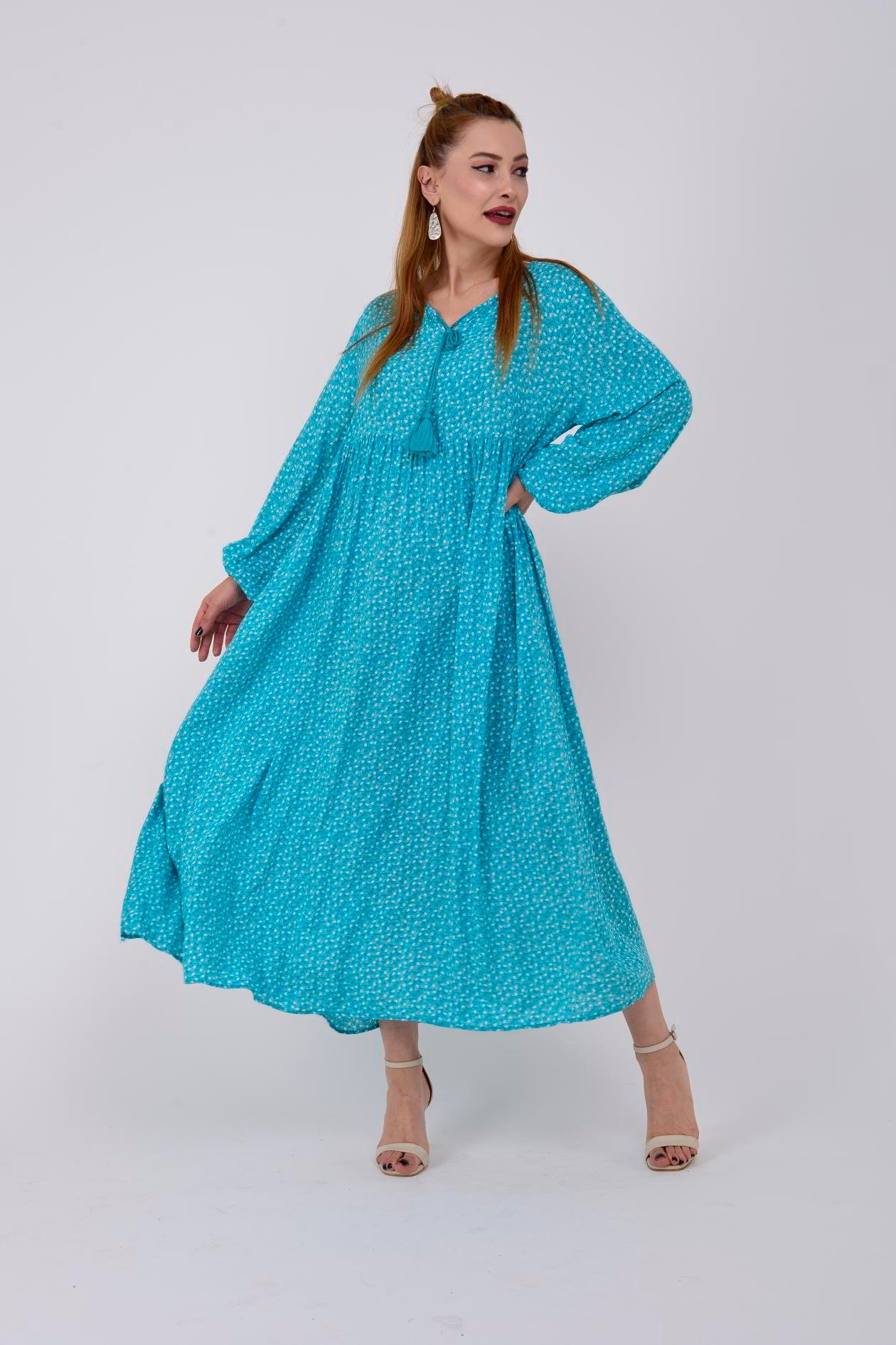 AN10494 PONPONLU ÇITIR ÇİÇEK DESEN ELBİSE
