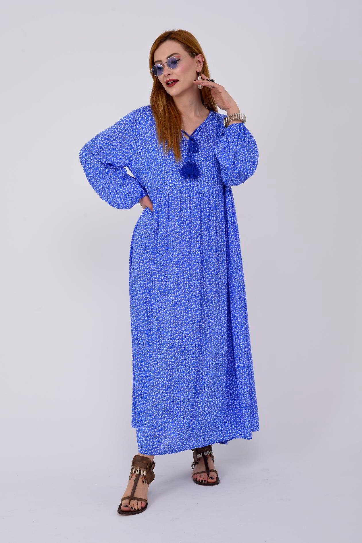 AN10494 PONPONLU ÇITIR ÇİÇEK DESEN ELBİSE