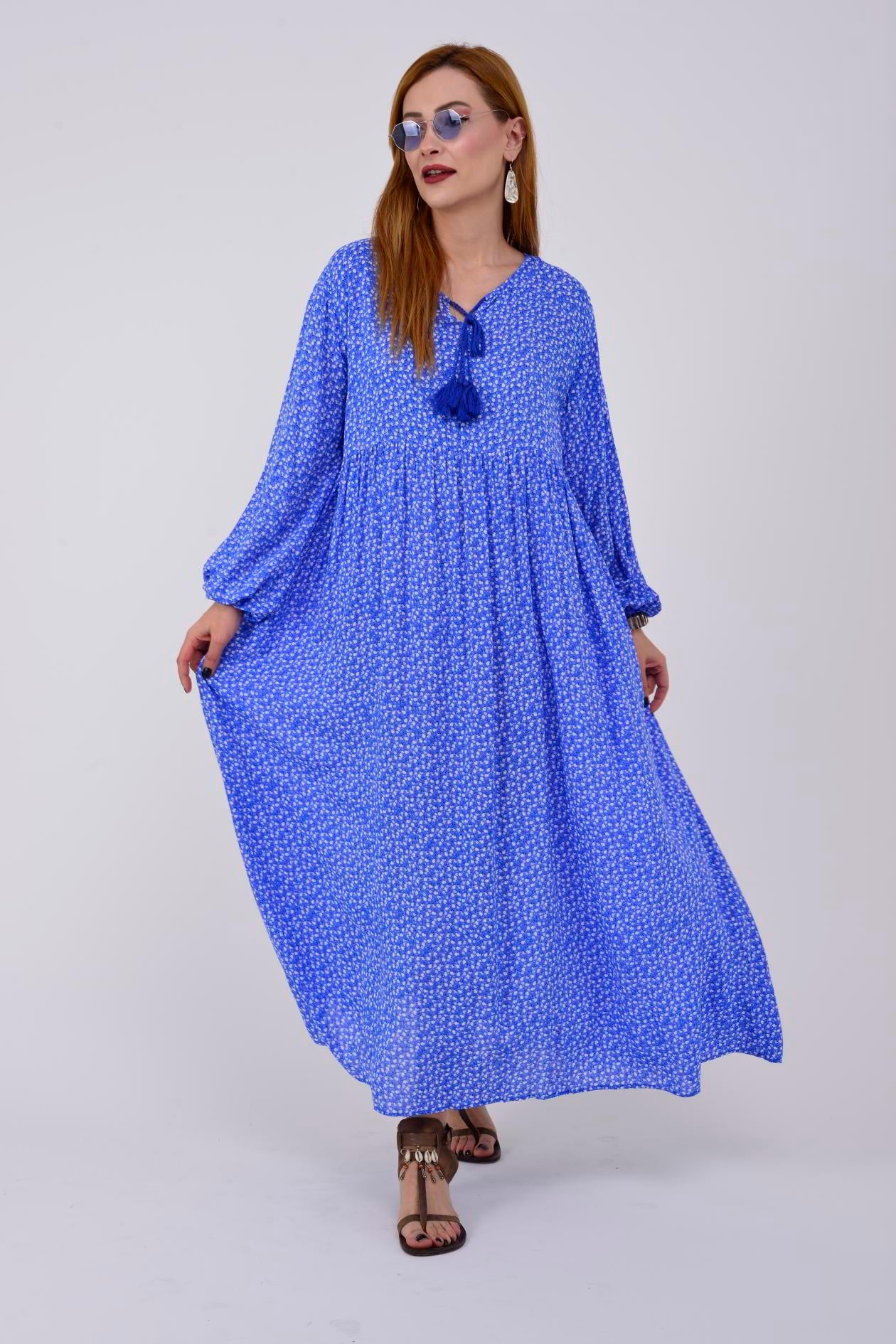 AN10494 PONPONLU ÇITIR ÇİÇEK DESEN ELBİSE