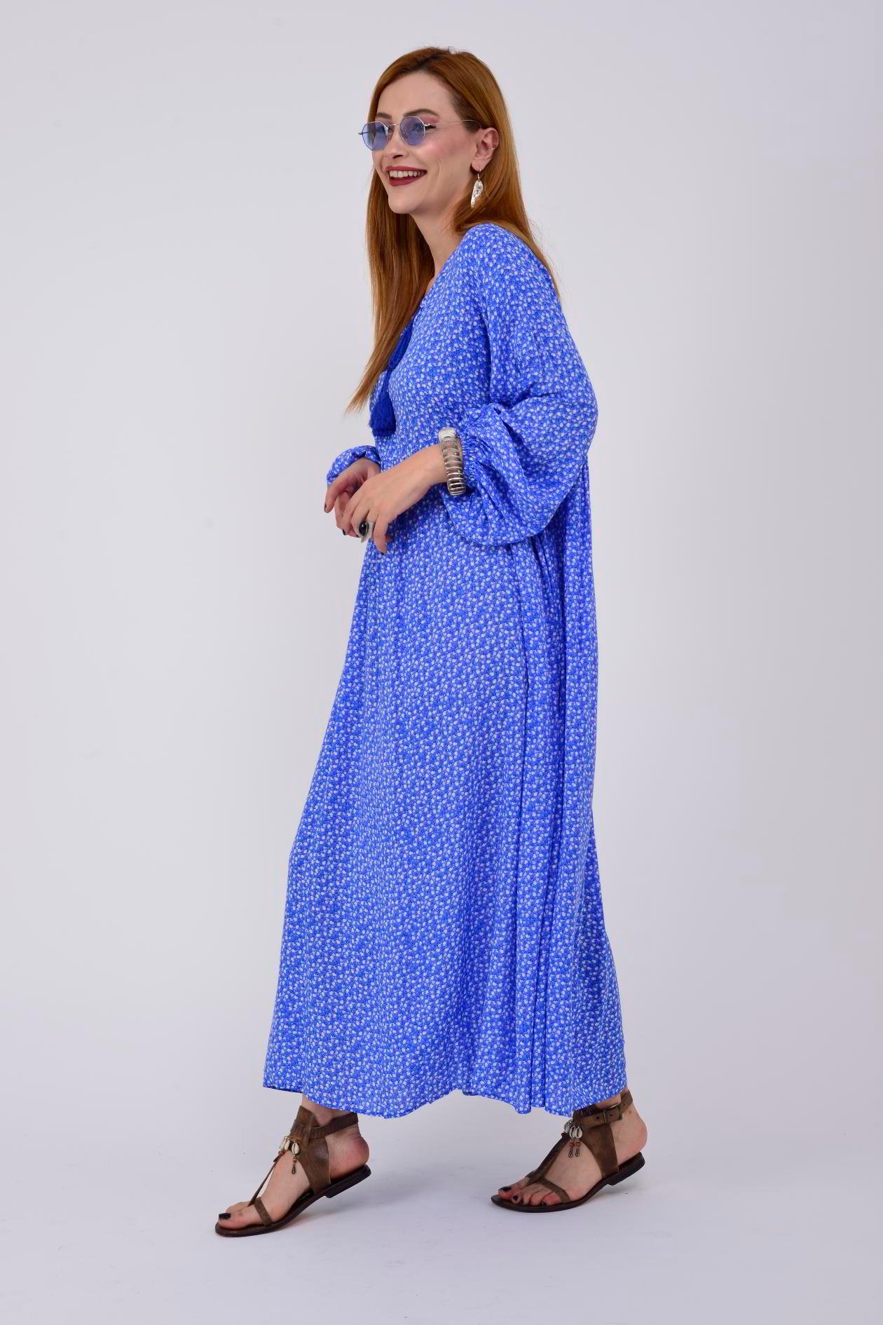 AN10494 PONPONLU ÇITIR ÇİÇEK DESEN ELBİSE
