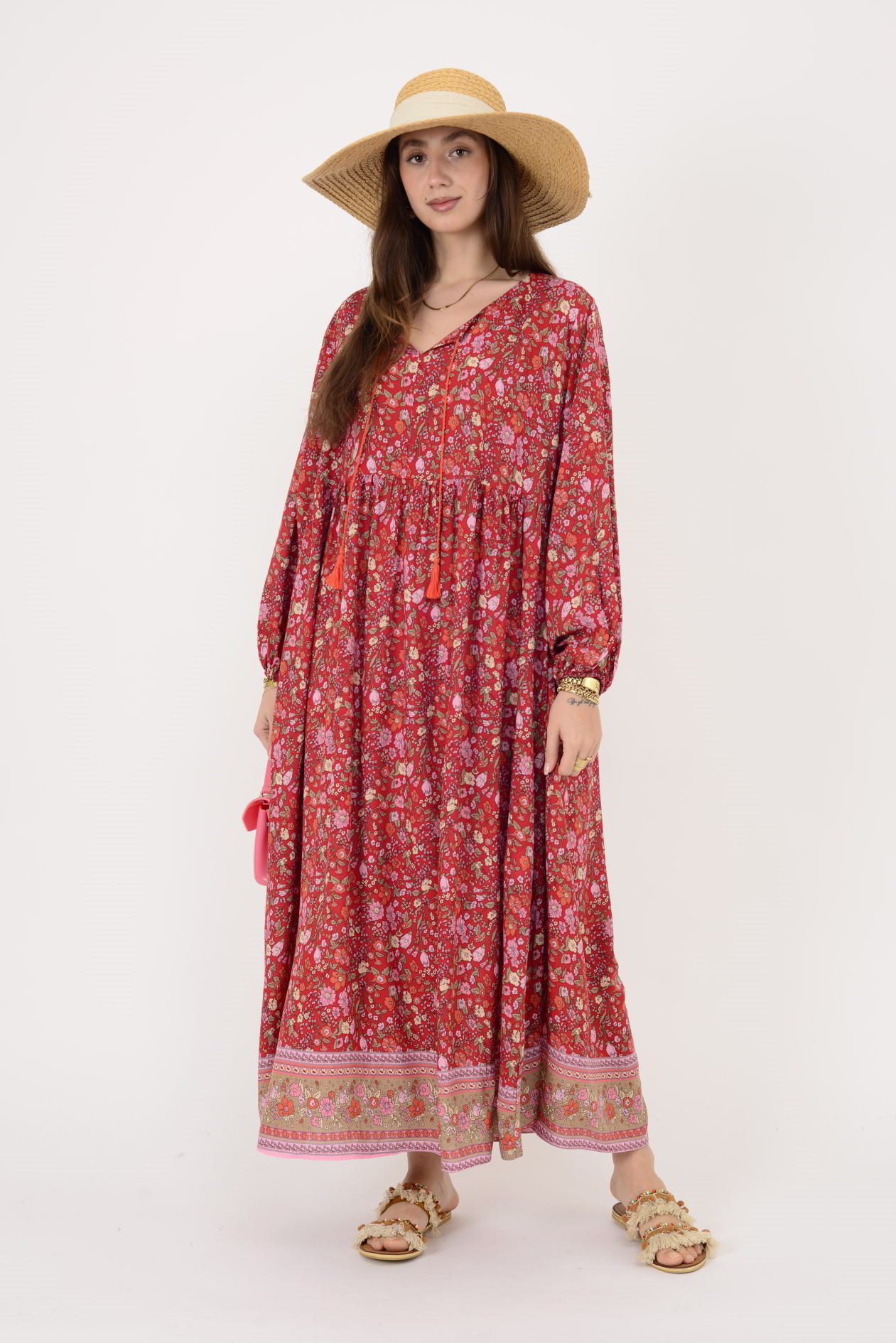 AN10494 PÜSKÜL DETAYLI  MİNİMAL ÇİÇEKLİ ELBİSE