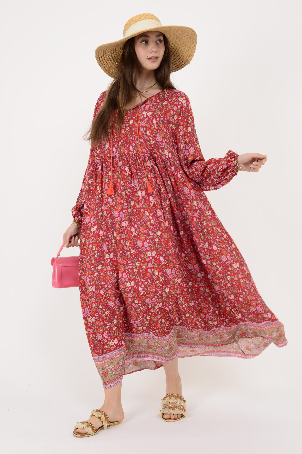 AN10494 PÜSKÜL DETAYLI  MİNİMAL ÇİÇEKLİ ELBİSE