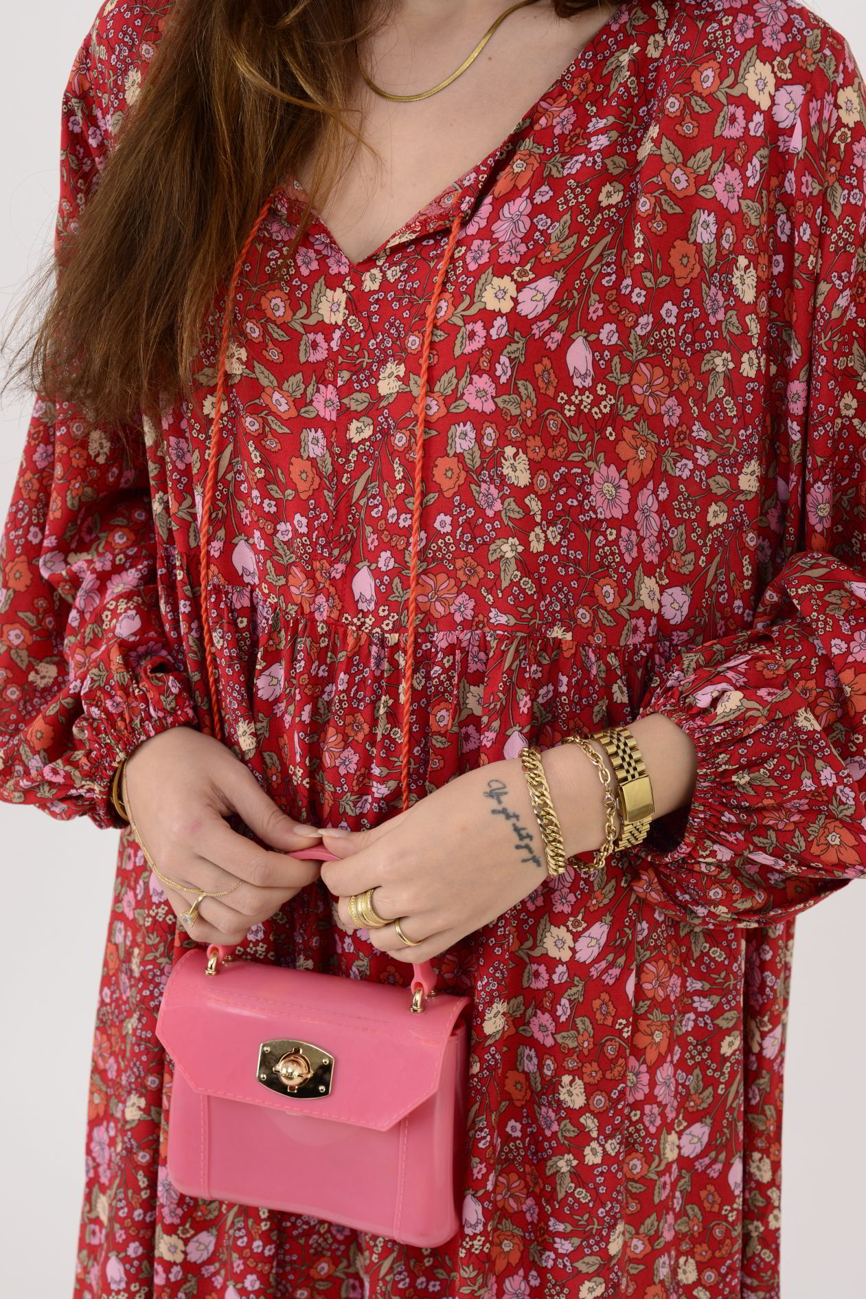 AN10494 PÜSKÜL DETAYLI  MİNİMAL ÇİÇEKLİ ELBİSE