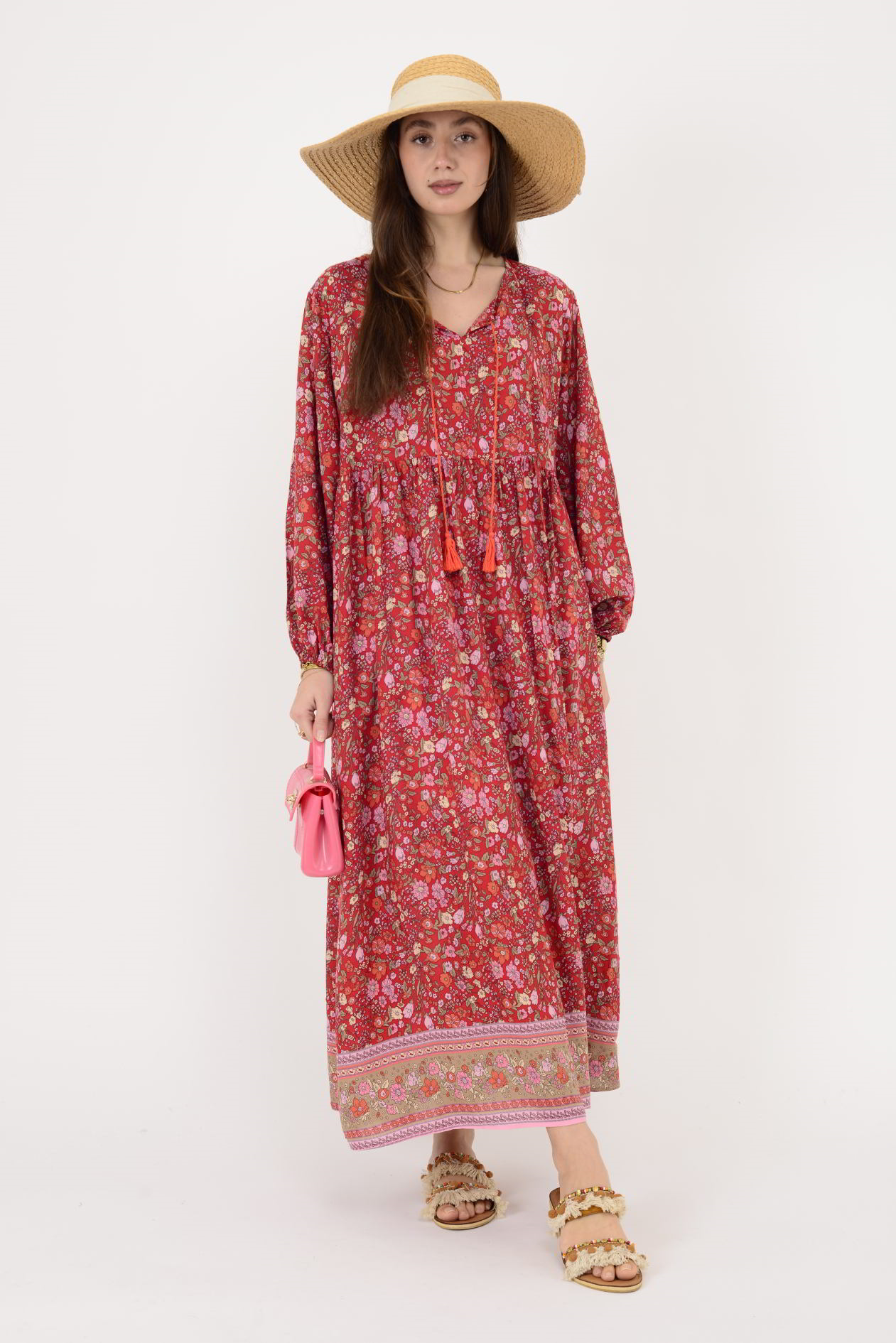 AN10494 PÜSKÜL DETAYLI  MİNİMAL ÇİÇEKLİ ELBİSE