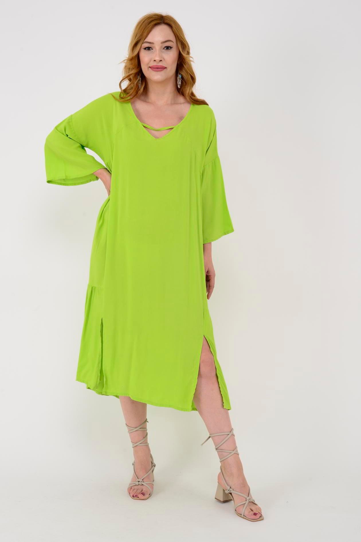 AN10509 PENCERE YAKA YIRTMAÇ DETAYLI ELBİSE
