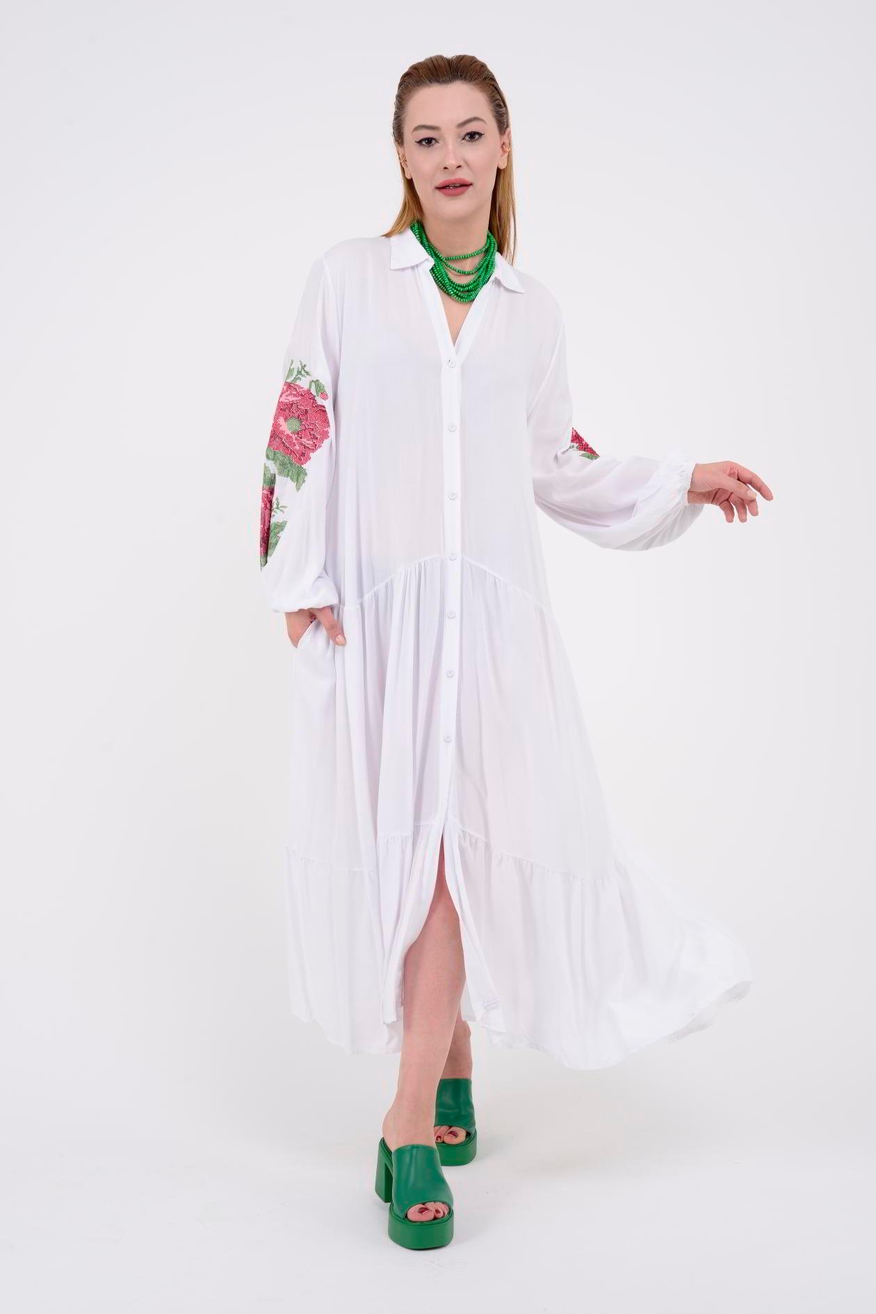 AN10517 ROSE KANAVİÇE İŞLEMELİ GÖMLEK ELBİSE